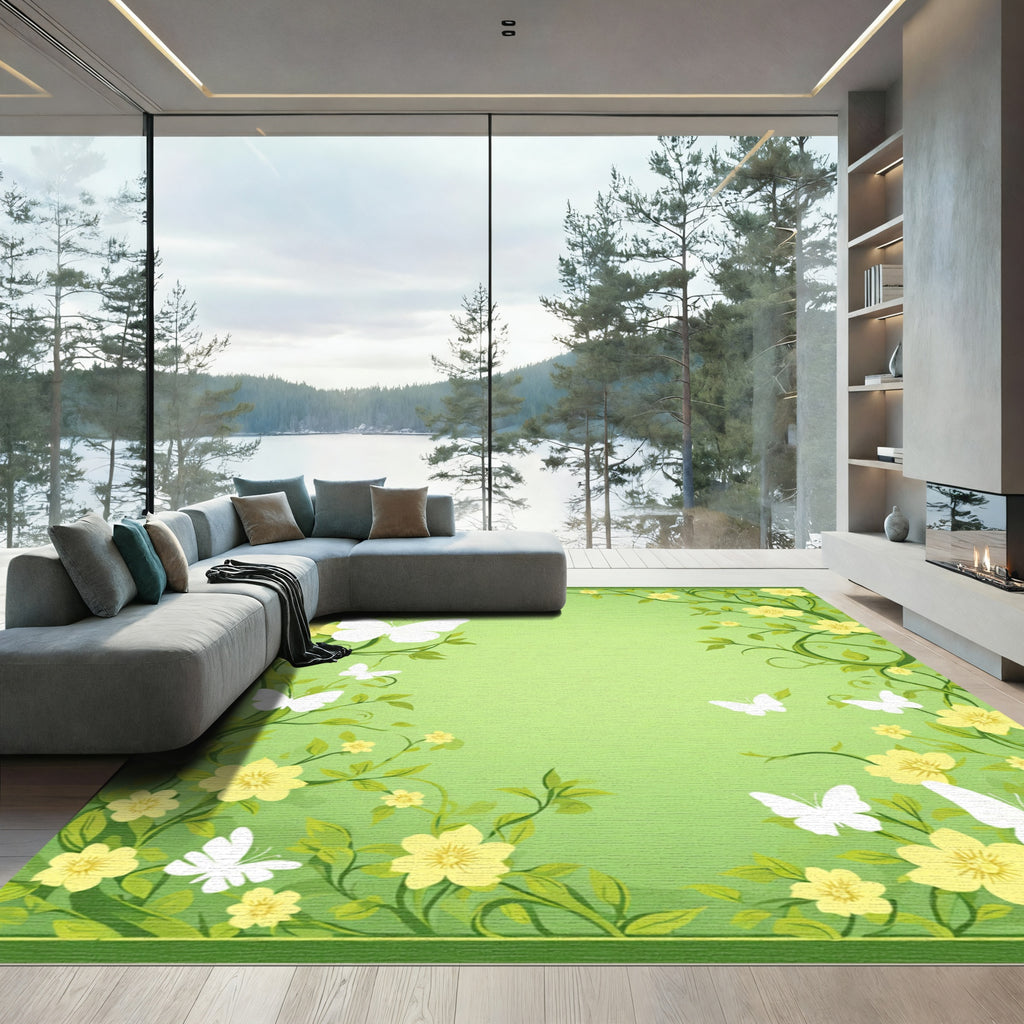 Whimsical White Butterfly Yellow Floral Rug
