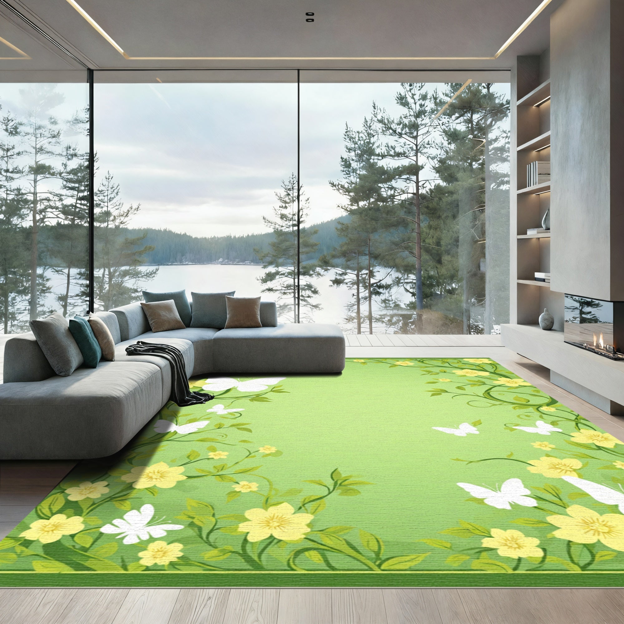 Whimsical White Butterfly Yellow Floral Rug
