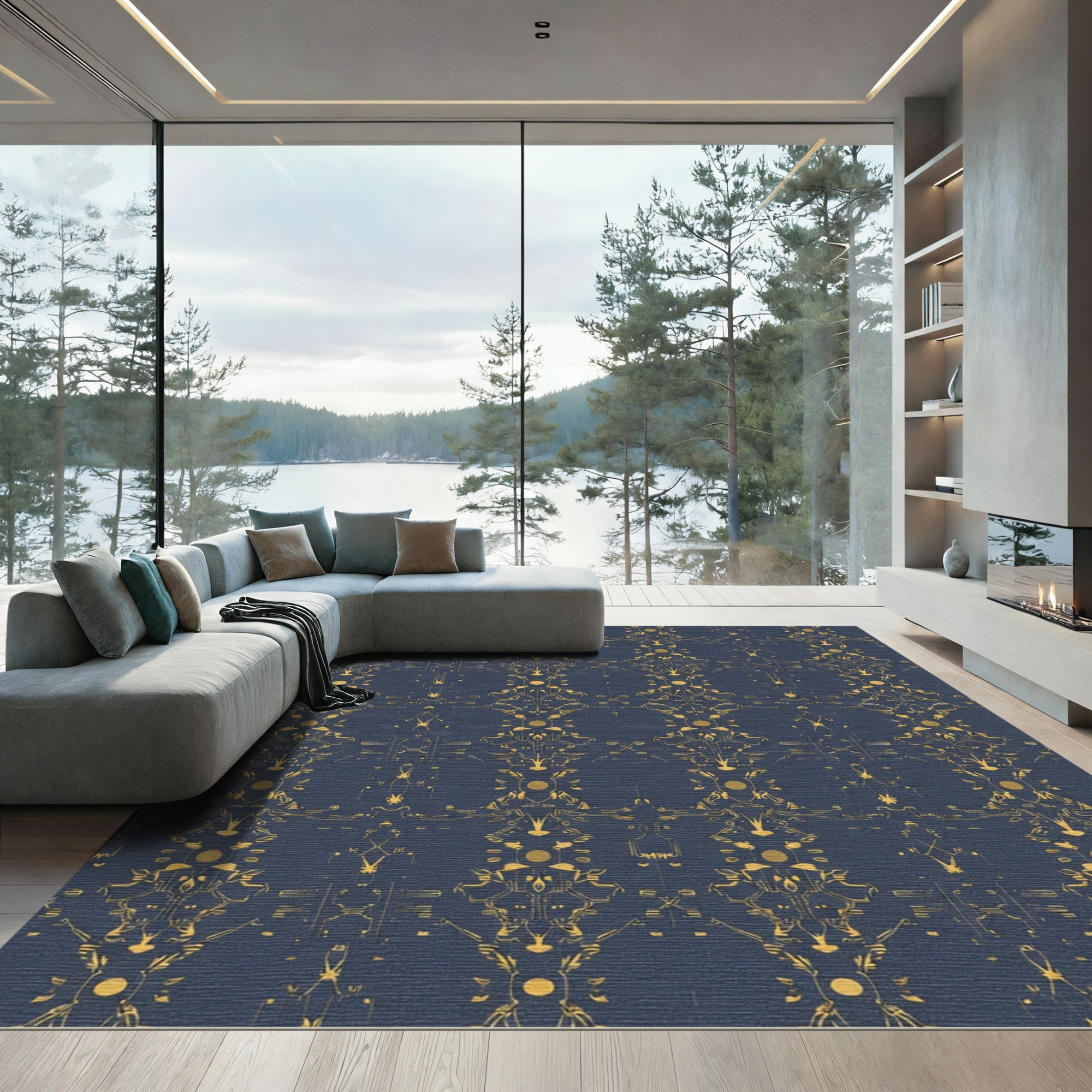 Ornate Gold Geometric Damask Rug