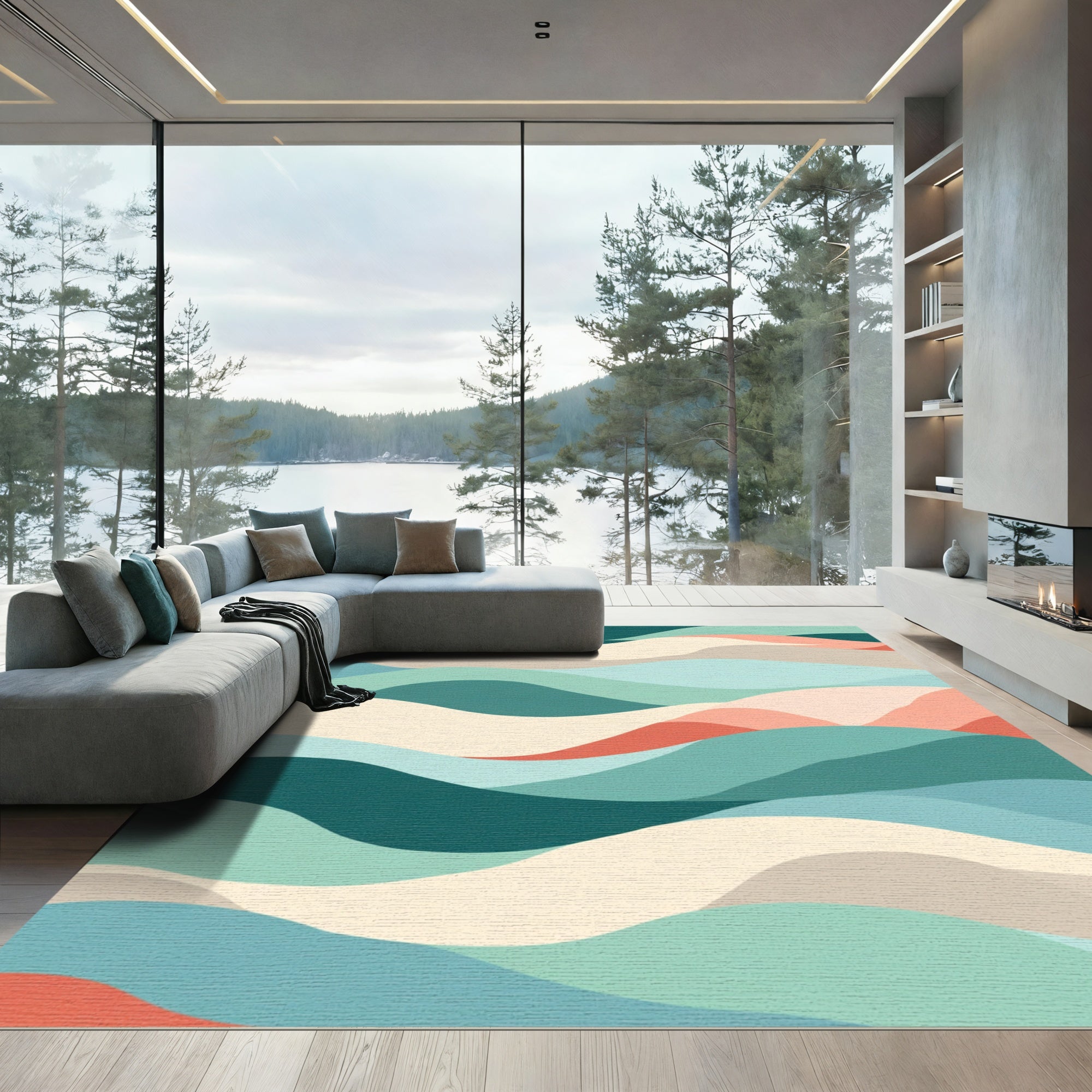 Coral Teal Aqua Wave Landscape Rug
