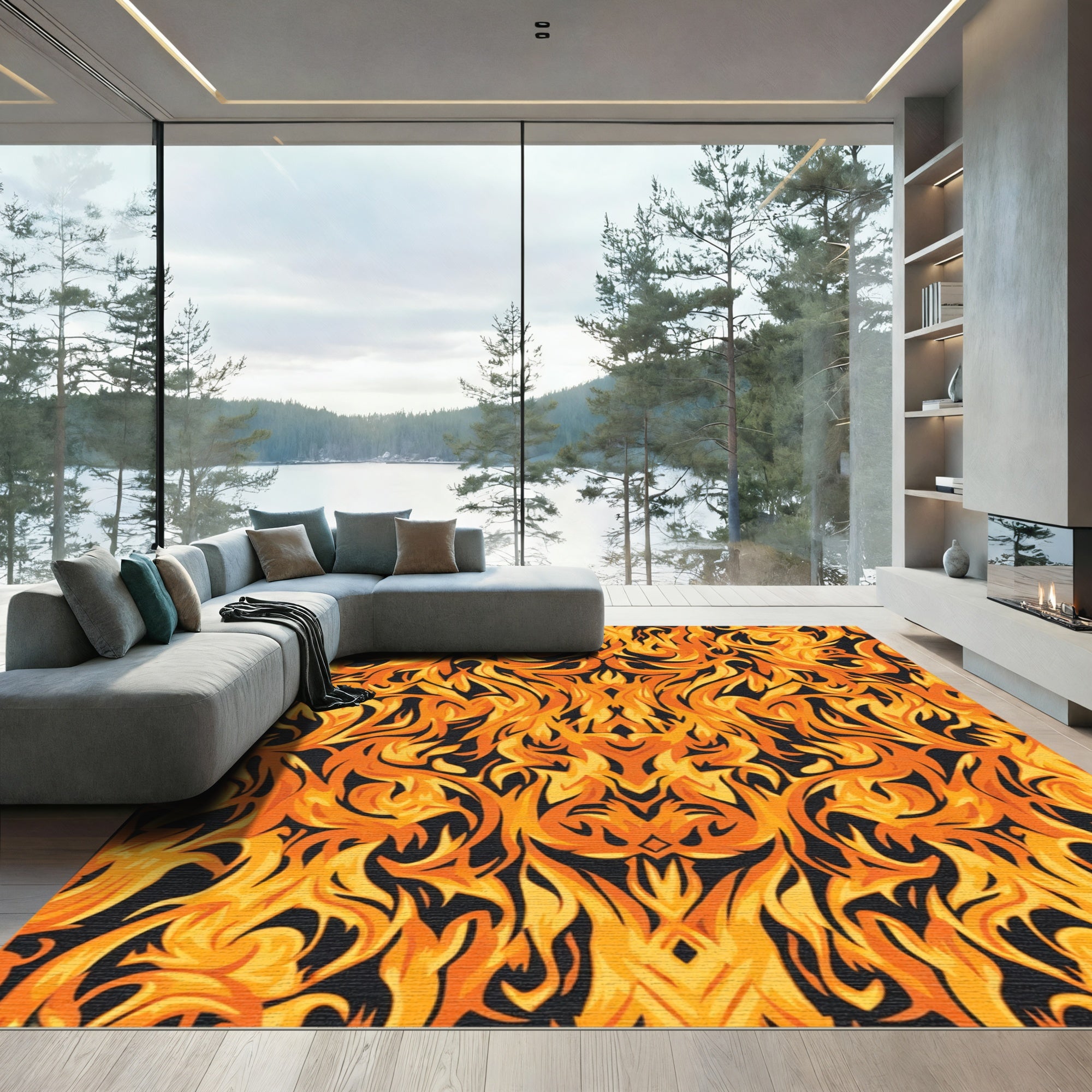 Fiery Amber Flames Mandala Rug