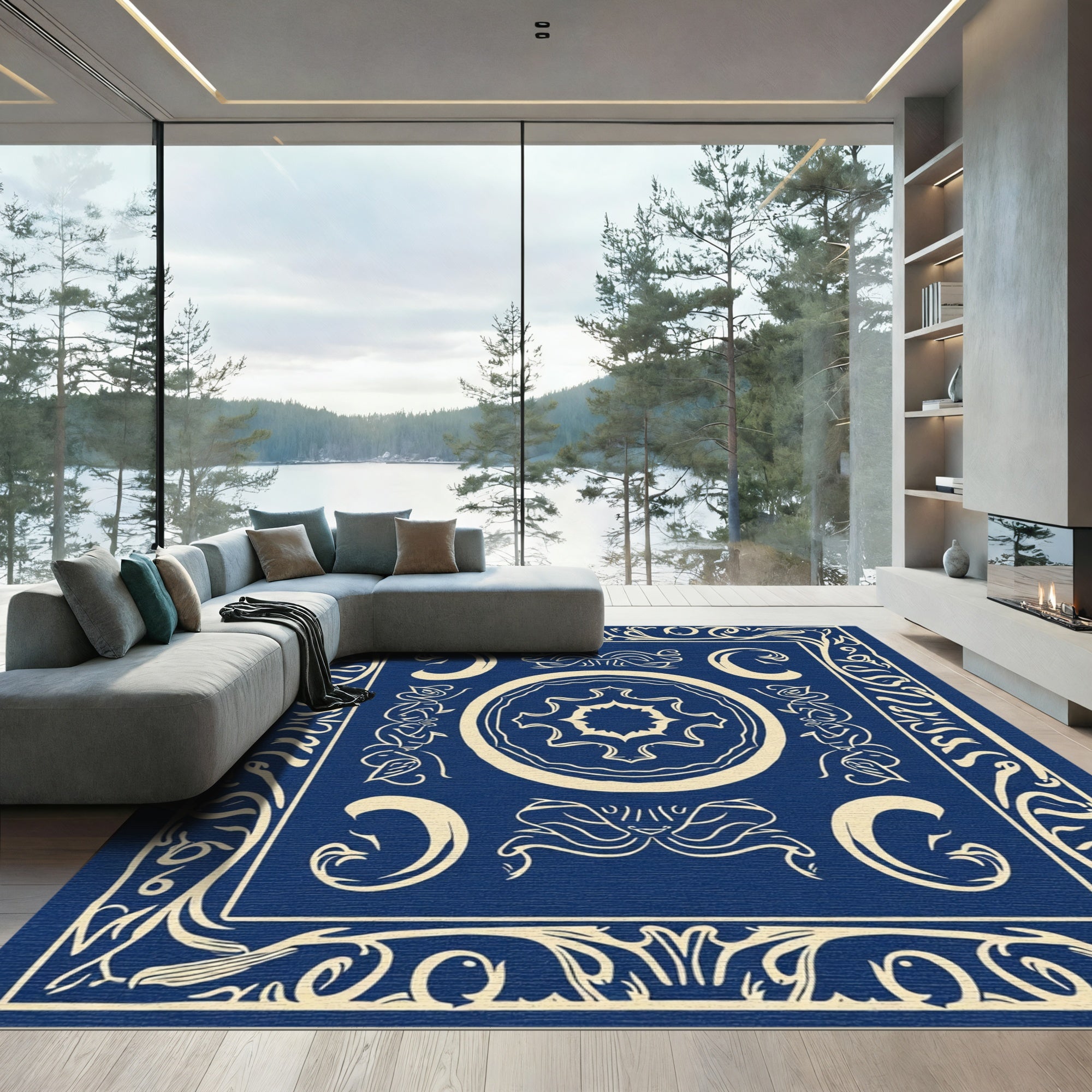 Navy Blue Ornate Mandala Medallion Rug