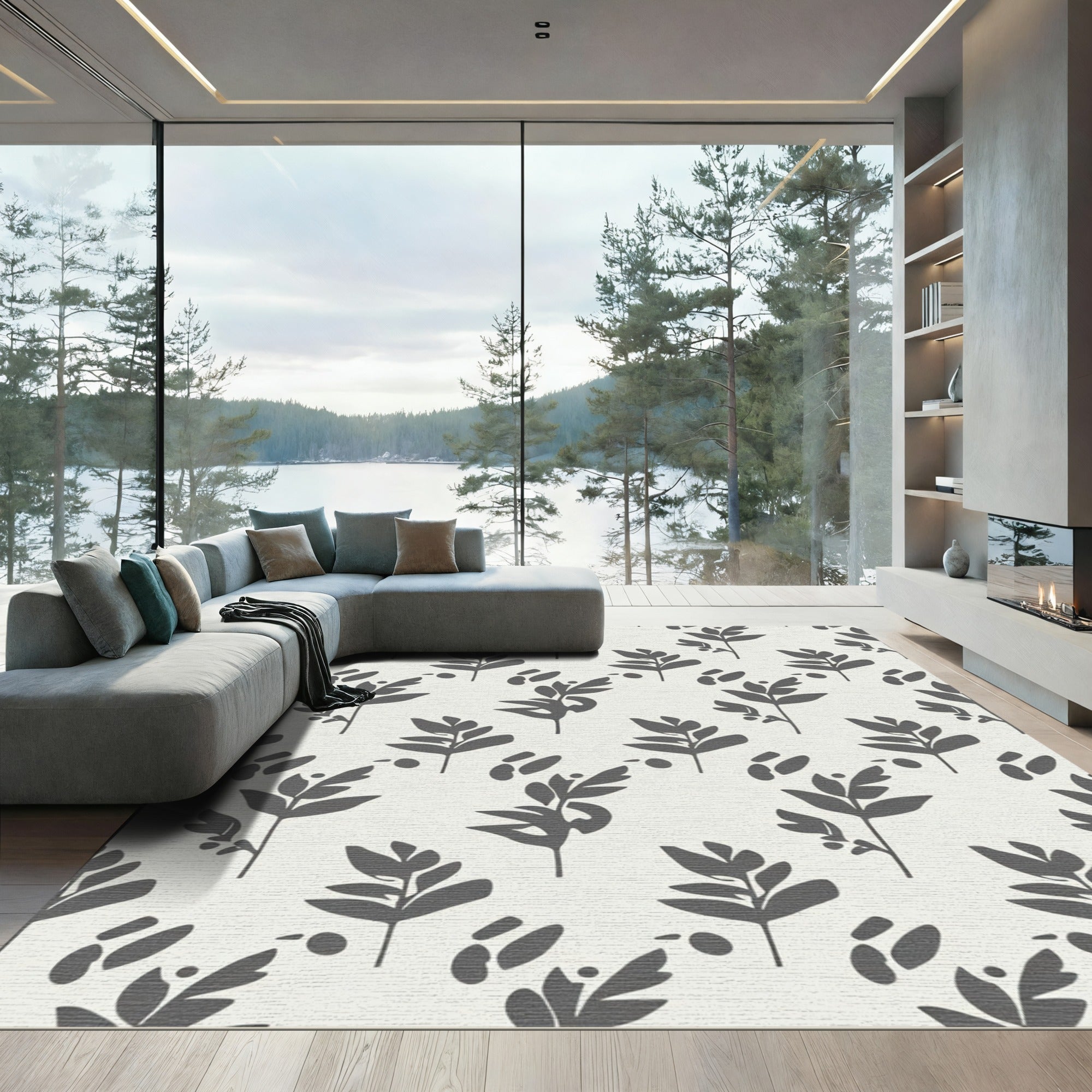 Gray Leafy Branch Abstract Composition Rug