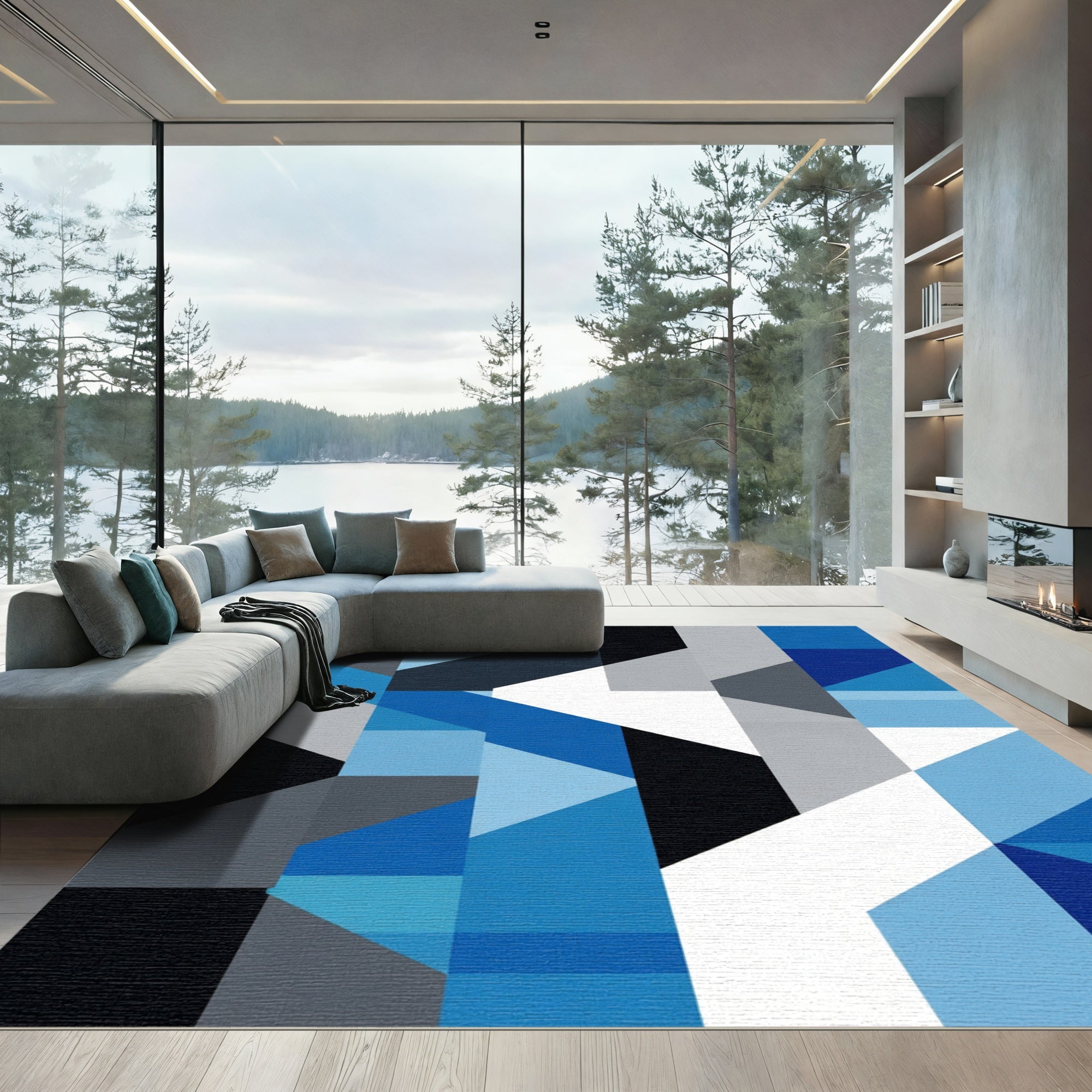 Abstract Blue Faceted Shapes Rug