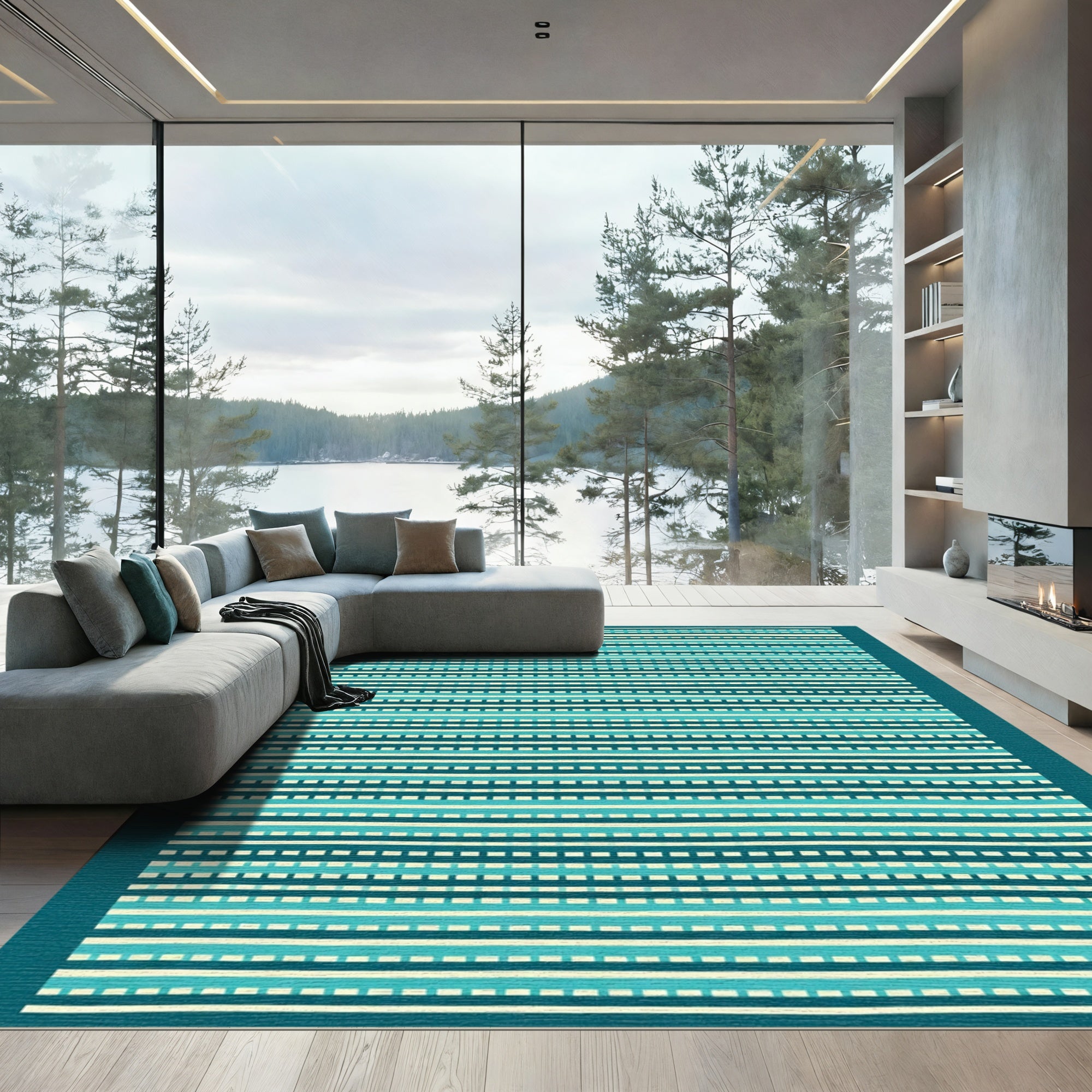 Aqua Blue White Striped Ensemble Rug