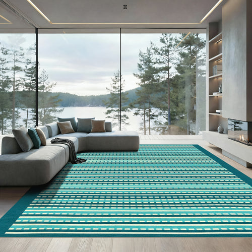 Aqua Blue White Striped Ensemble Rug