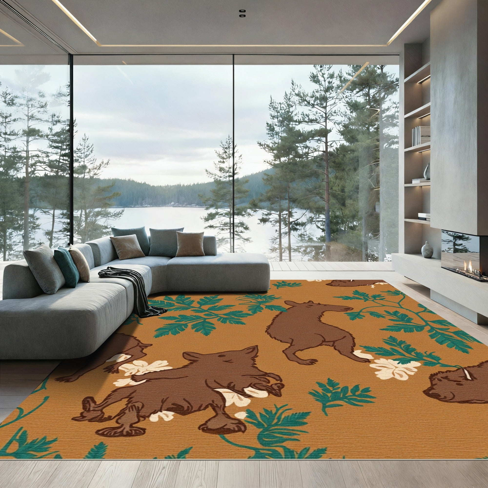 Brown Feral Animals Green Foliage Rug