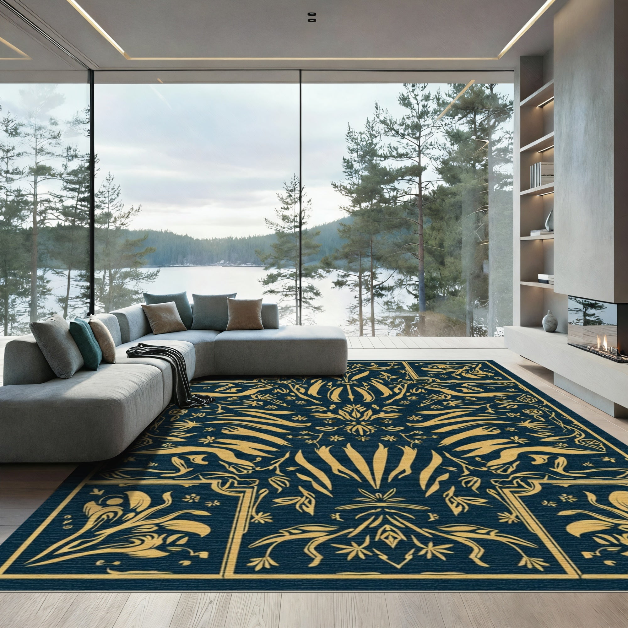 Golden Floral Botanical Tableau Rug