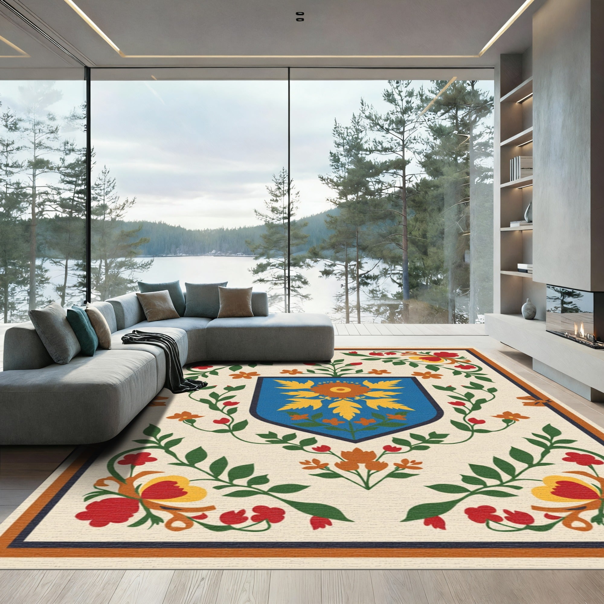 Folk Art Floral Crest Cream Rug