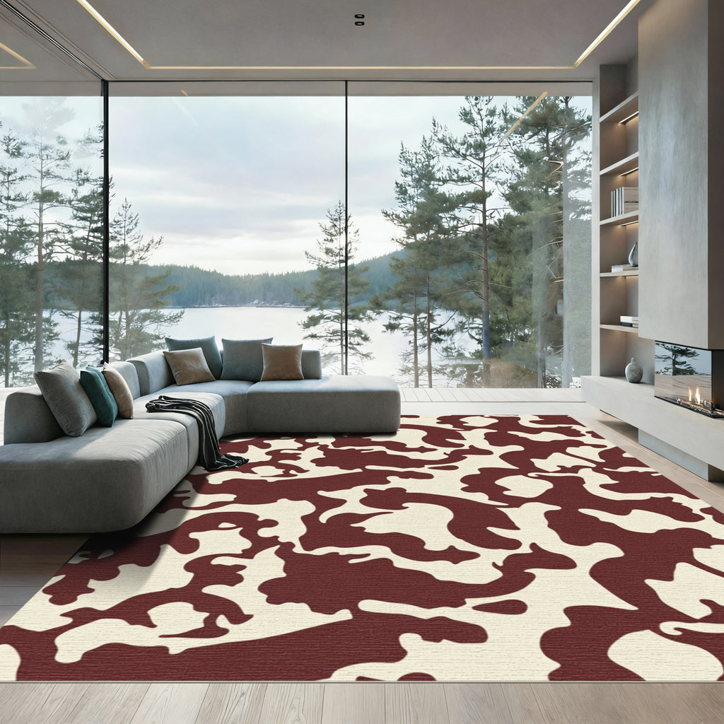 Maroon Cream Abstract Organic Shapes Rug