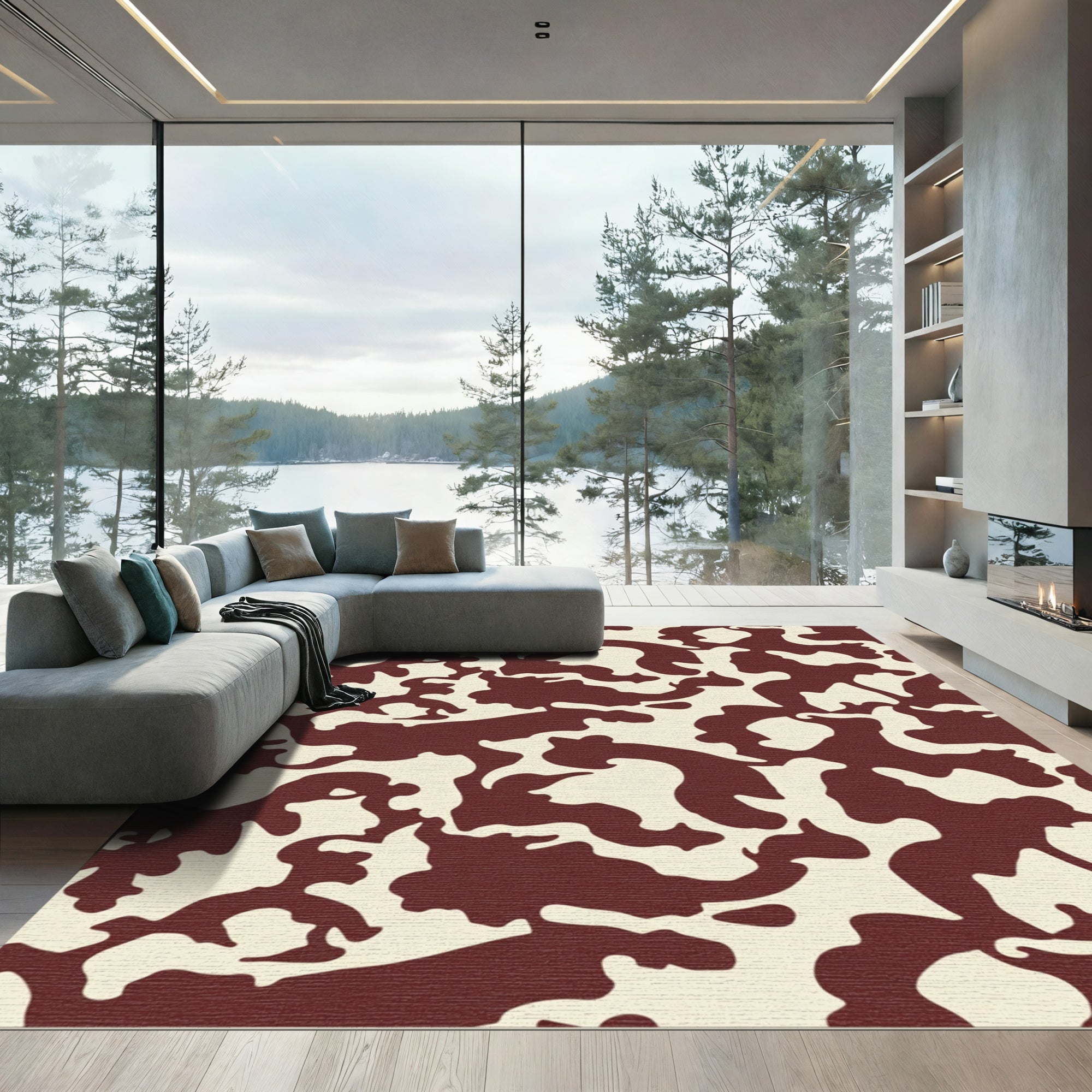 Maroon Cream Abstract Organic Shapes Rug