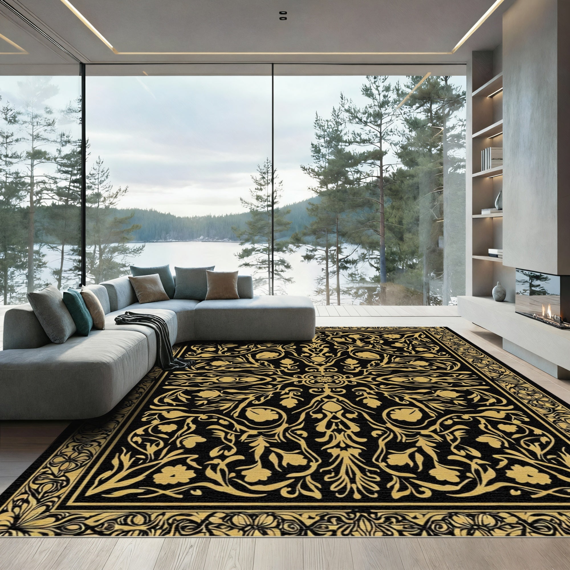 Golden Floral Scrollwork Ornament Rug