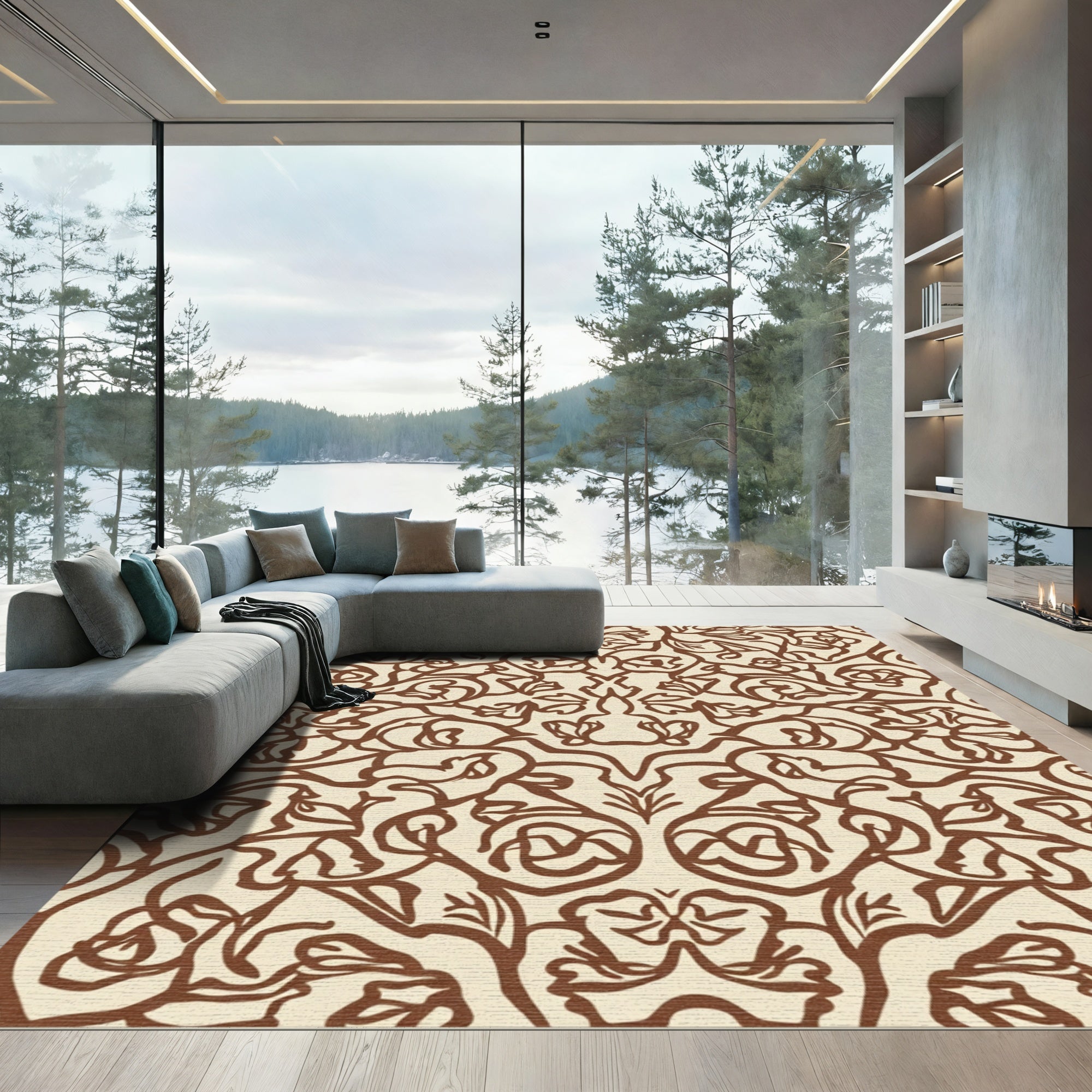Delicate Brown Floral Scroll Arrangement Rug