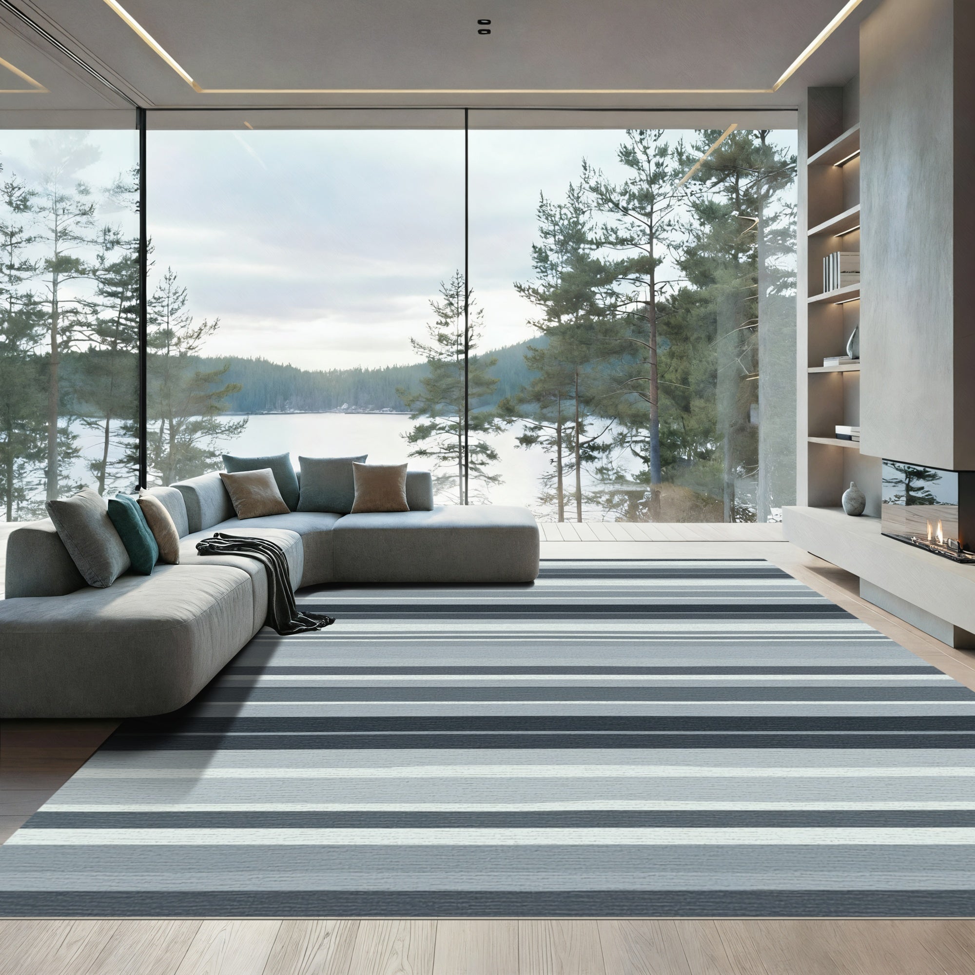 Cool Gray Thin Horizontal Stripe Rug