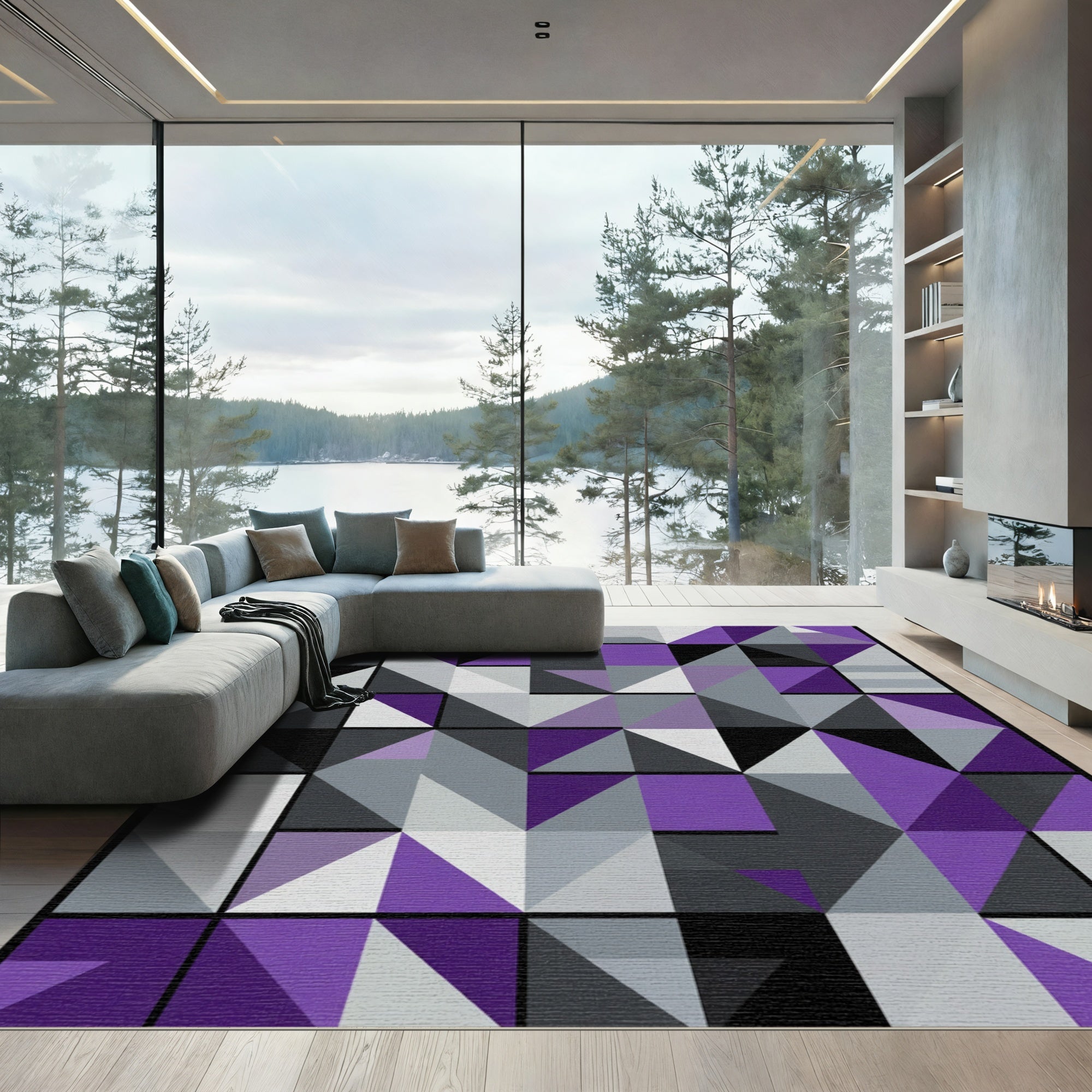 Modern Geometric Purple Gray Squares Rug