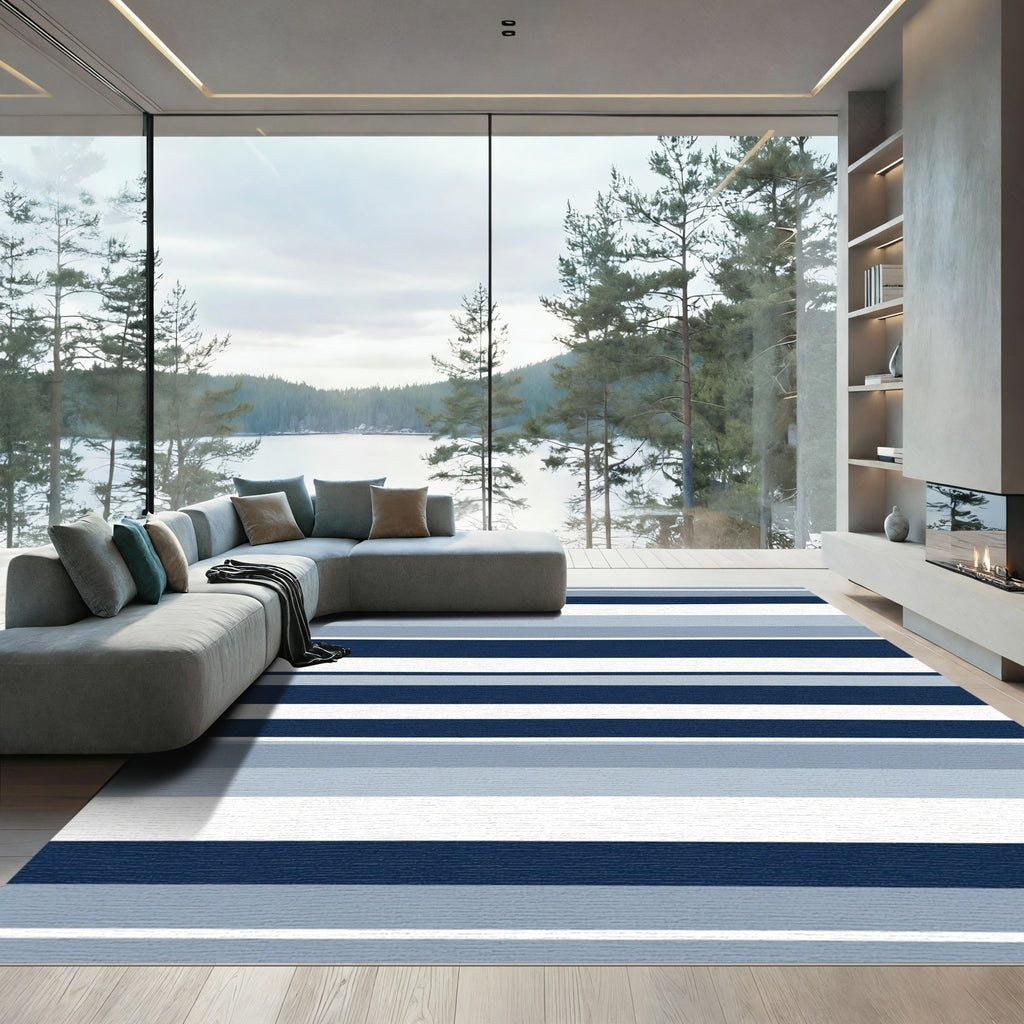 Modern Navy Blue Horizontal Stripe Rug