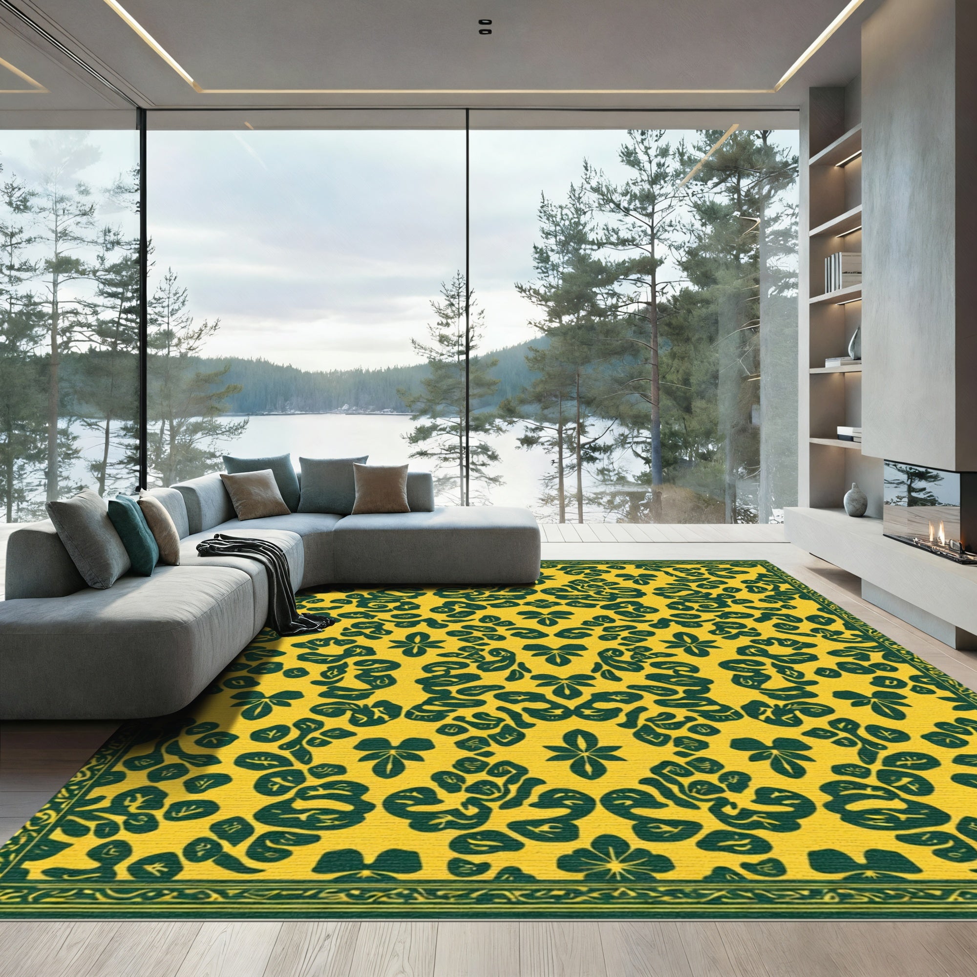 Amber Green Abstract Floral Arrangement Rug