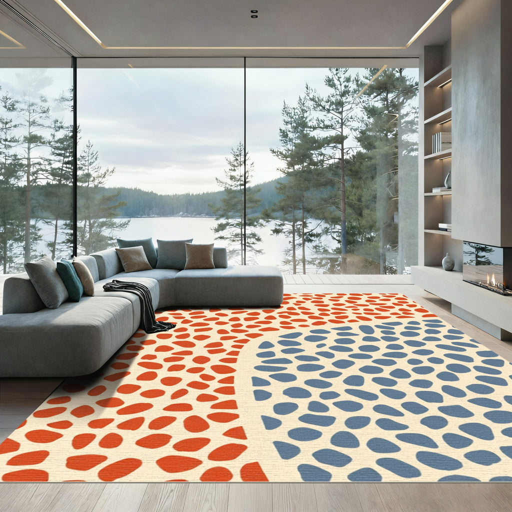 Crimson Blue Abstract Pebble Scatter Rug