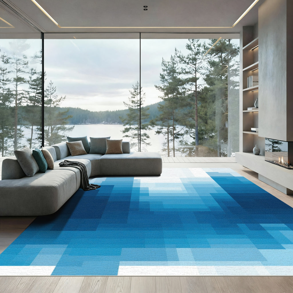Deep Blue Gradient Pixelated Abstract Rug