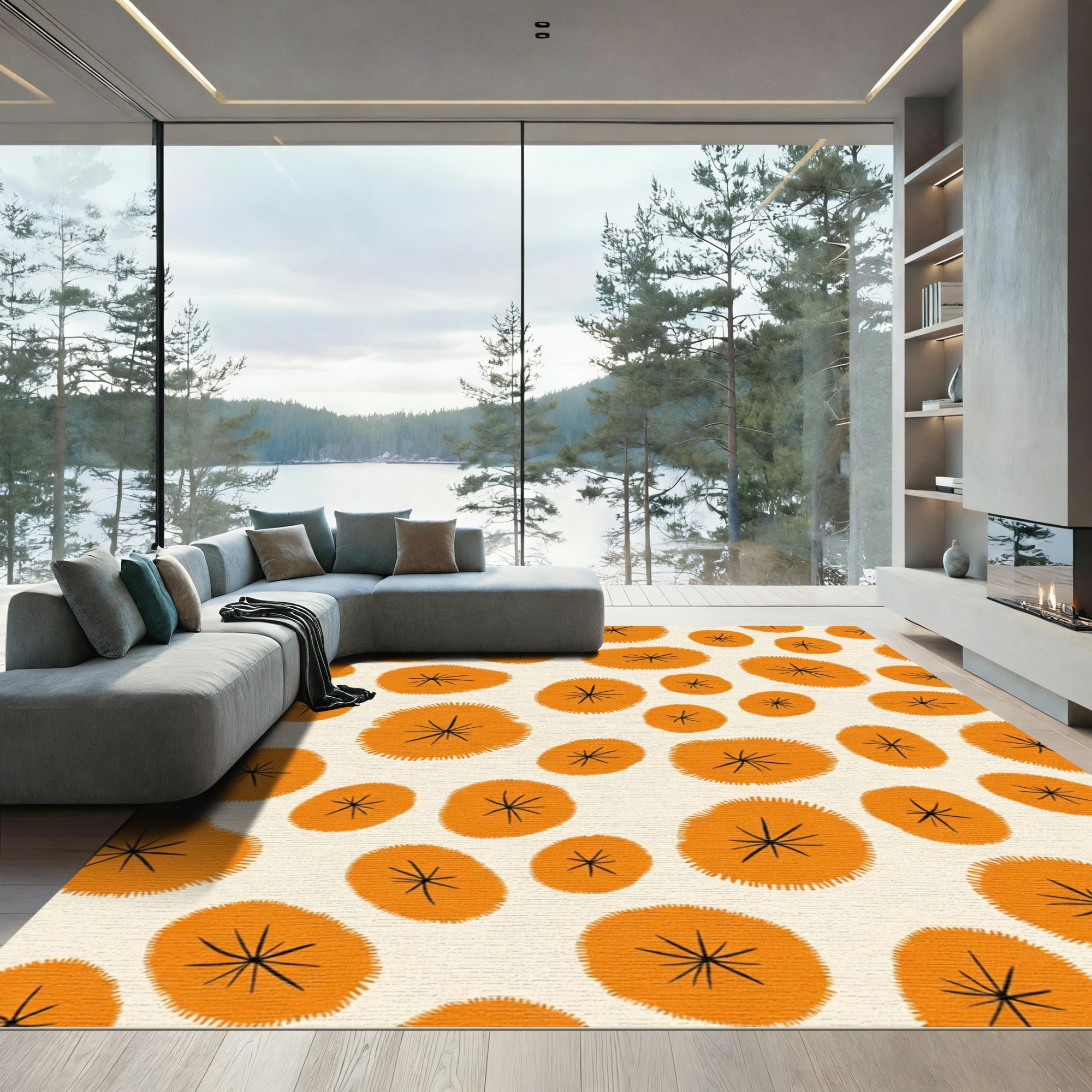 Orange Coral Starburst Round Rug