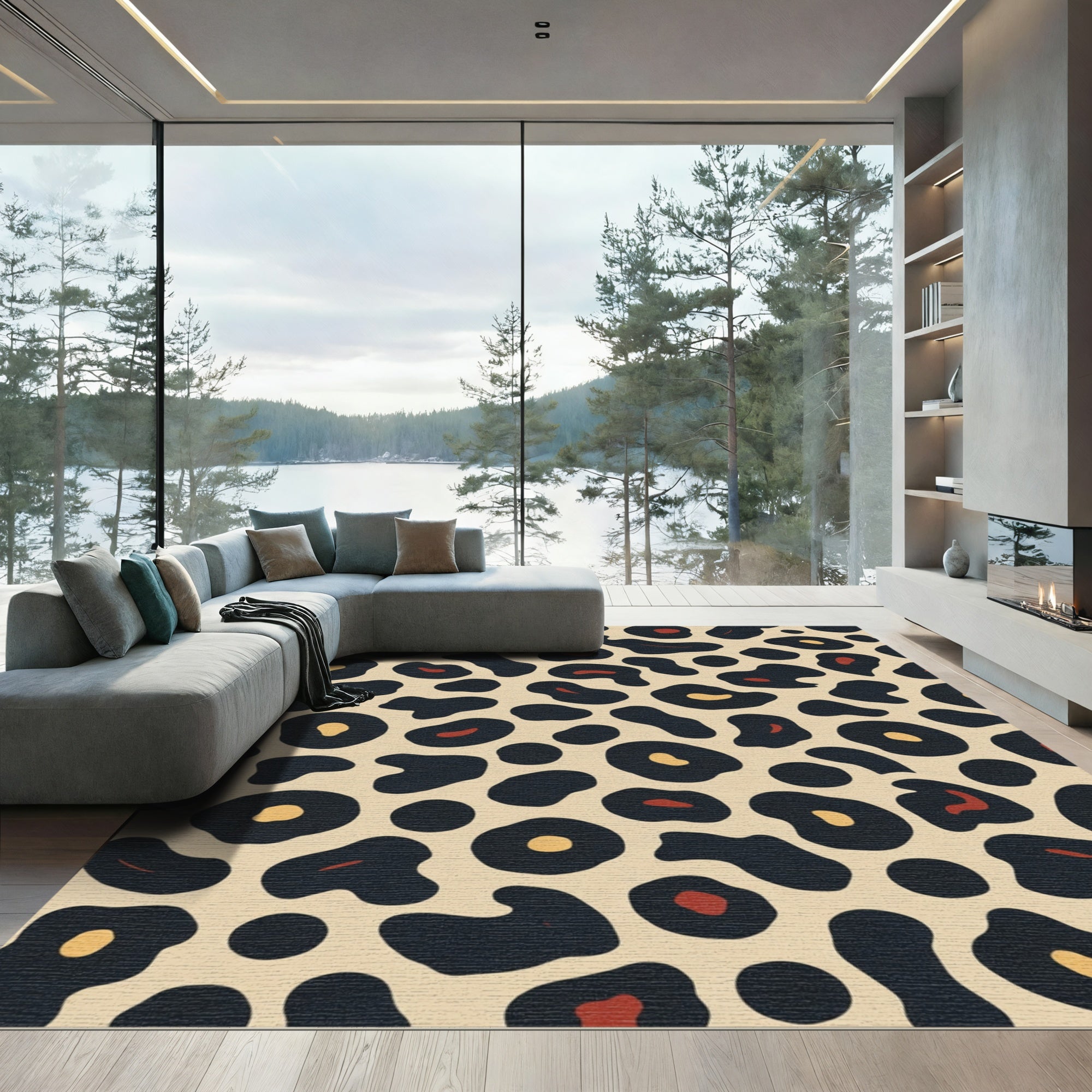 Bold Leopard Spots Cream Black Red Rug