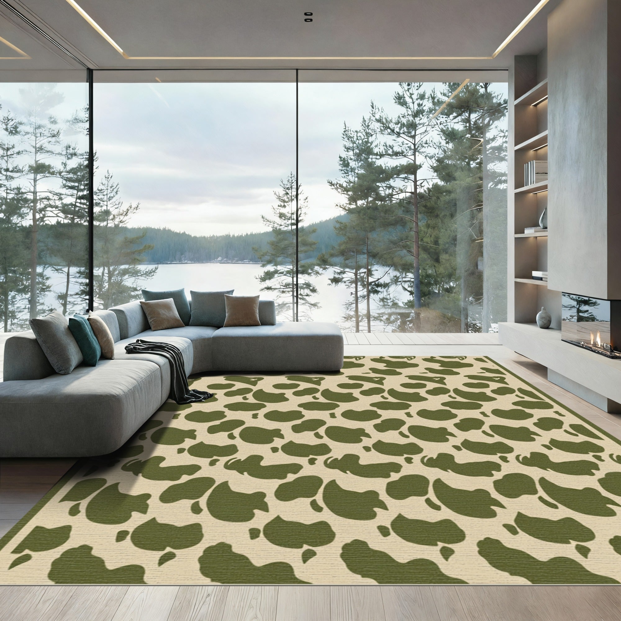 Olive Green Cowhide Abstract Shapes Rug