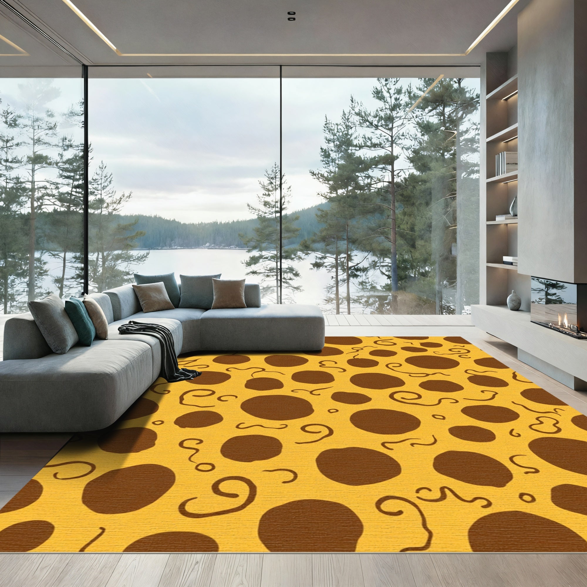 Brown Dot Swirl Warm Yellow Field Rug