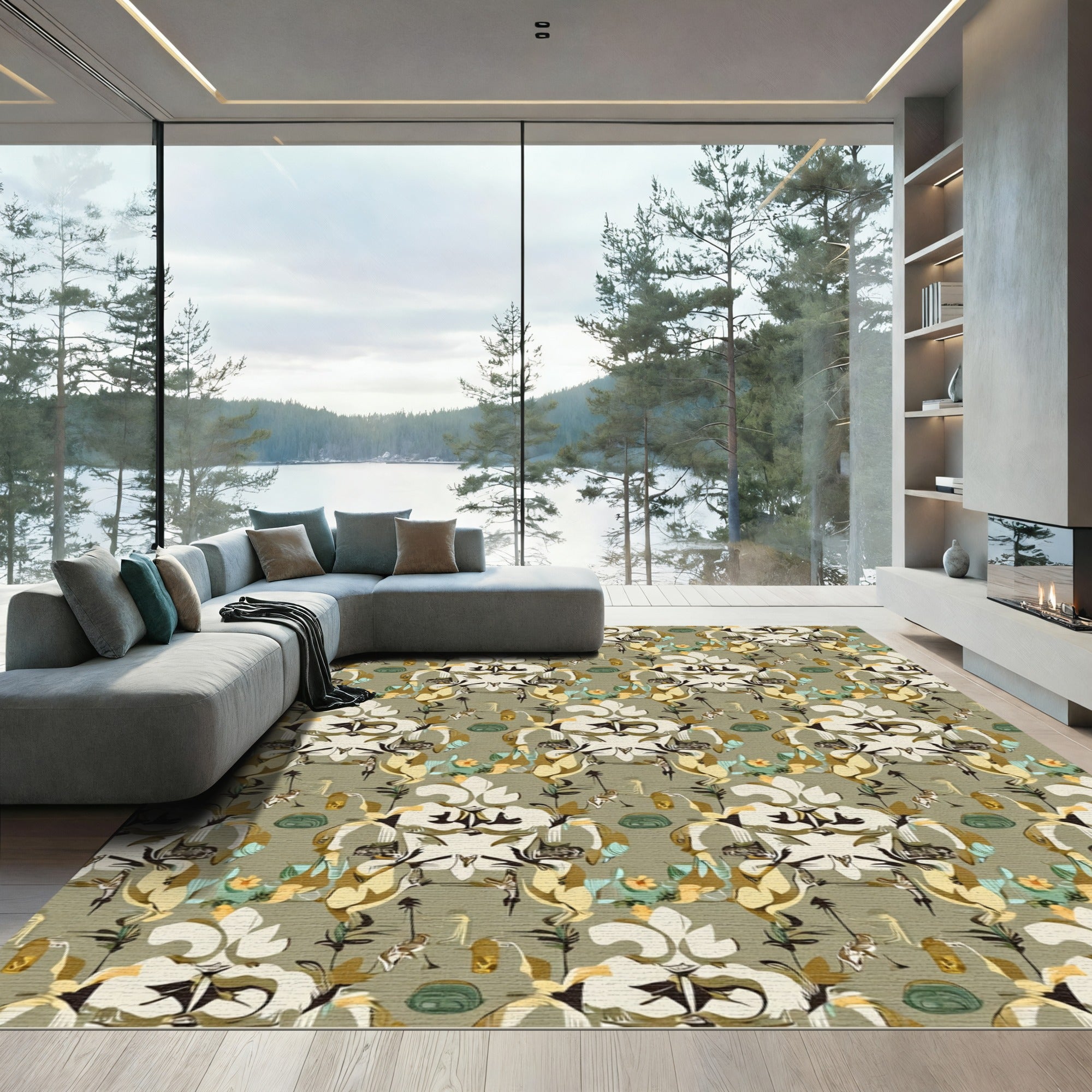 Abstract Beige And Teal Nature Scene Rug