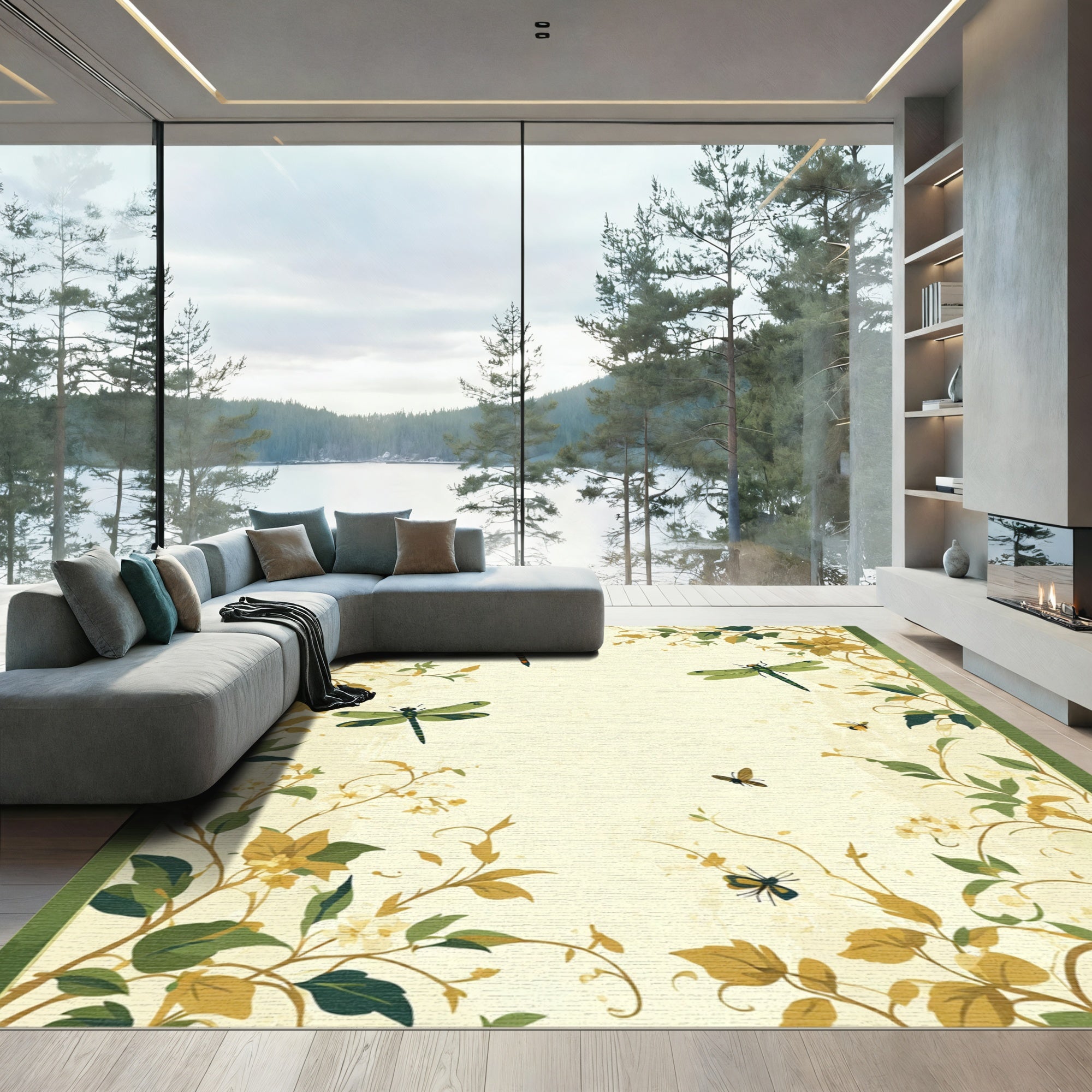Vintage green dragonfly garden watercolor Rug