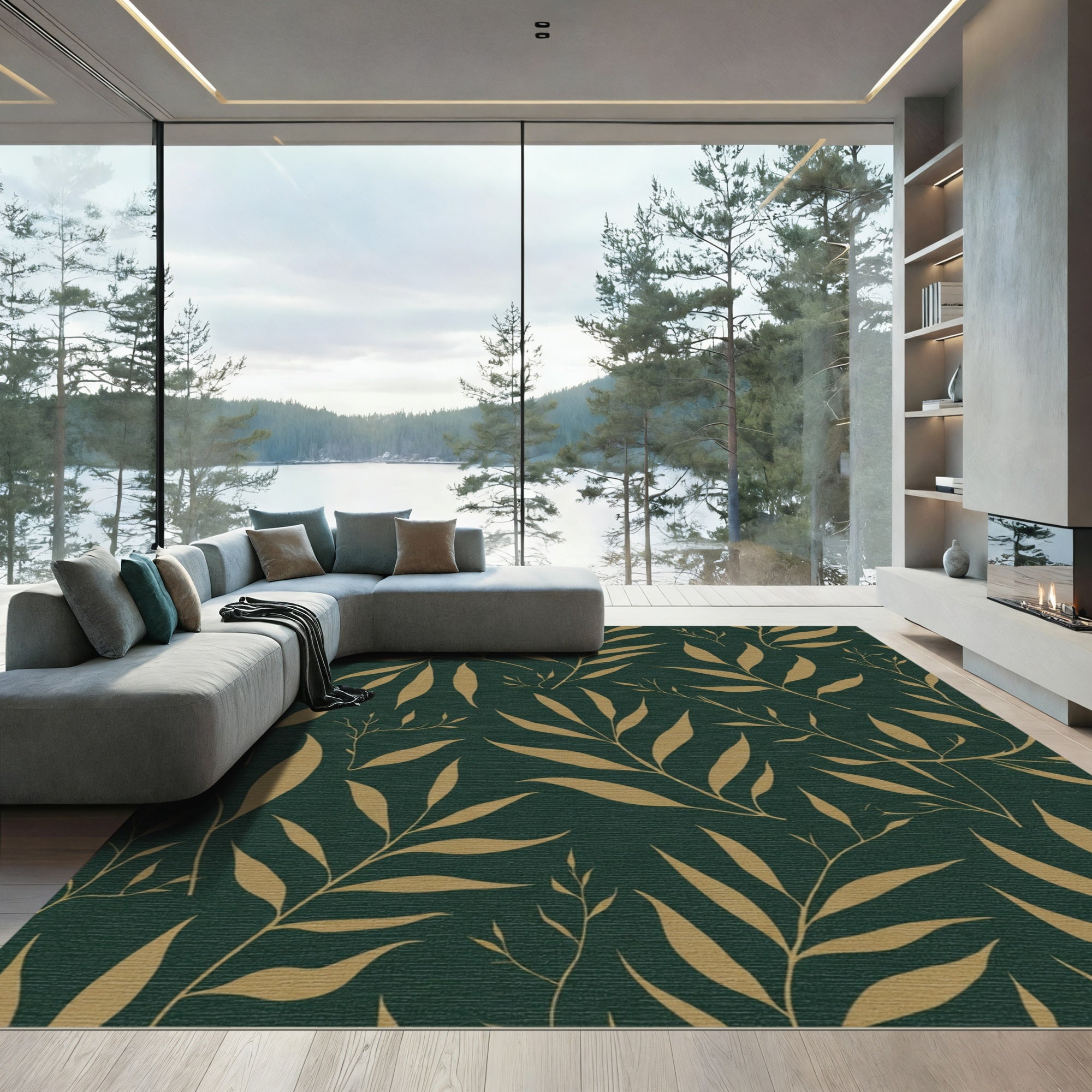 Elegant Gold Leaf Branches Emerald Rug