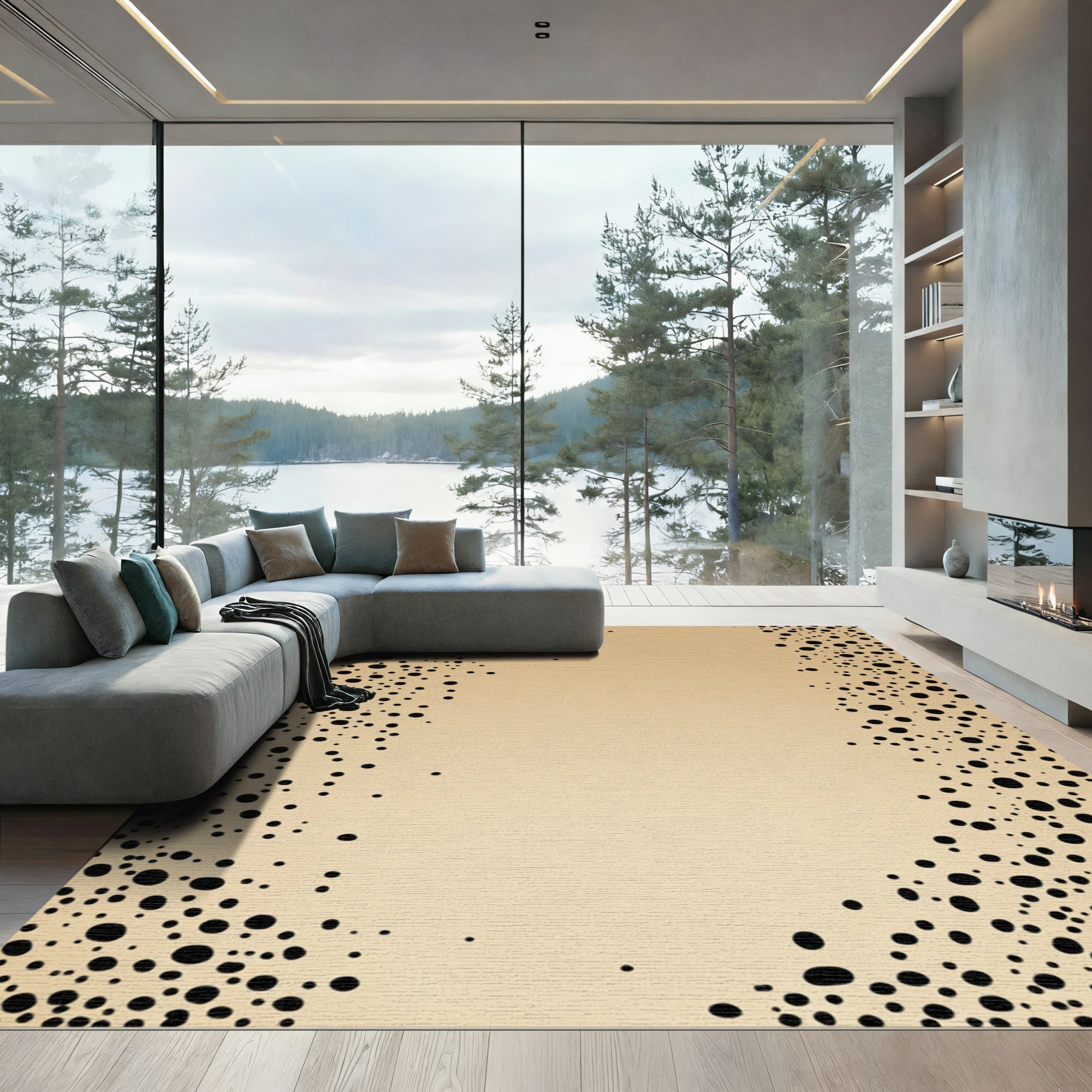 Sandy Beige Black Dot Border Rug