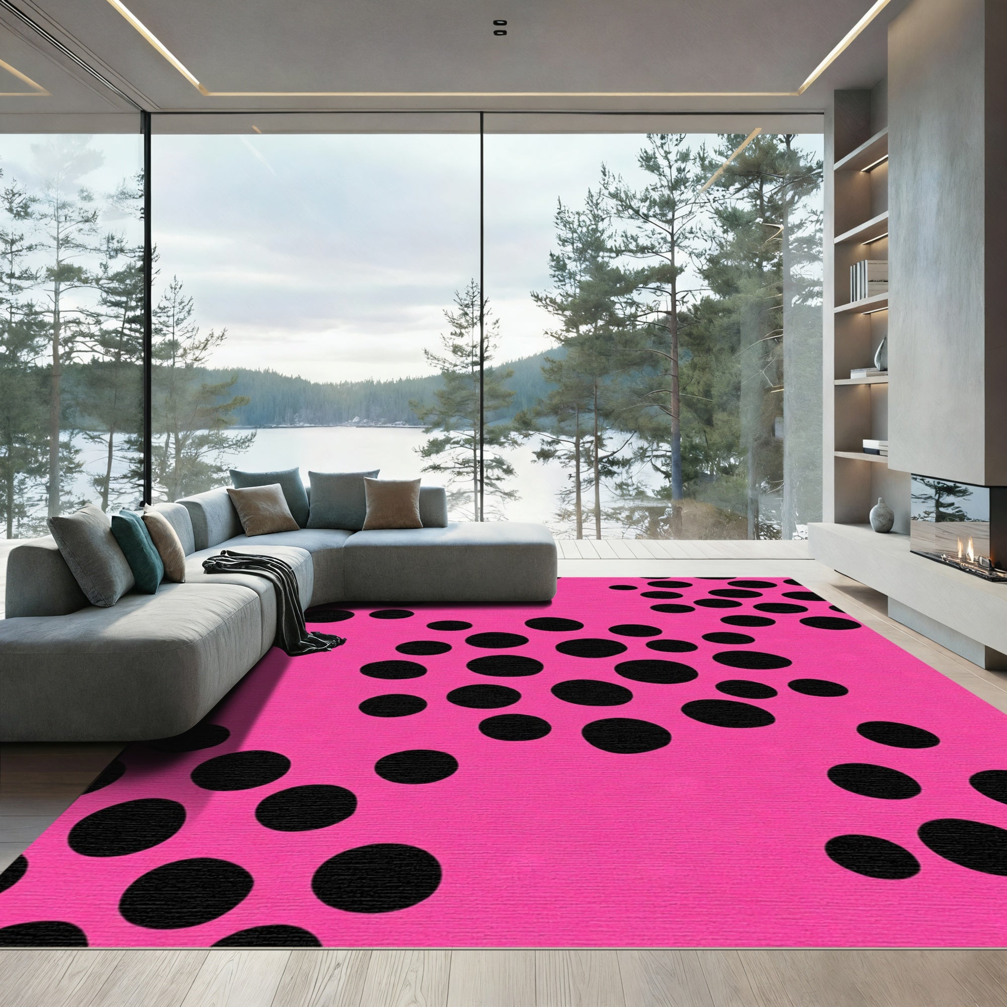 Bright Pink Black Dot Cluster Rug