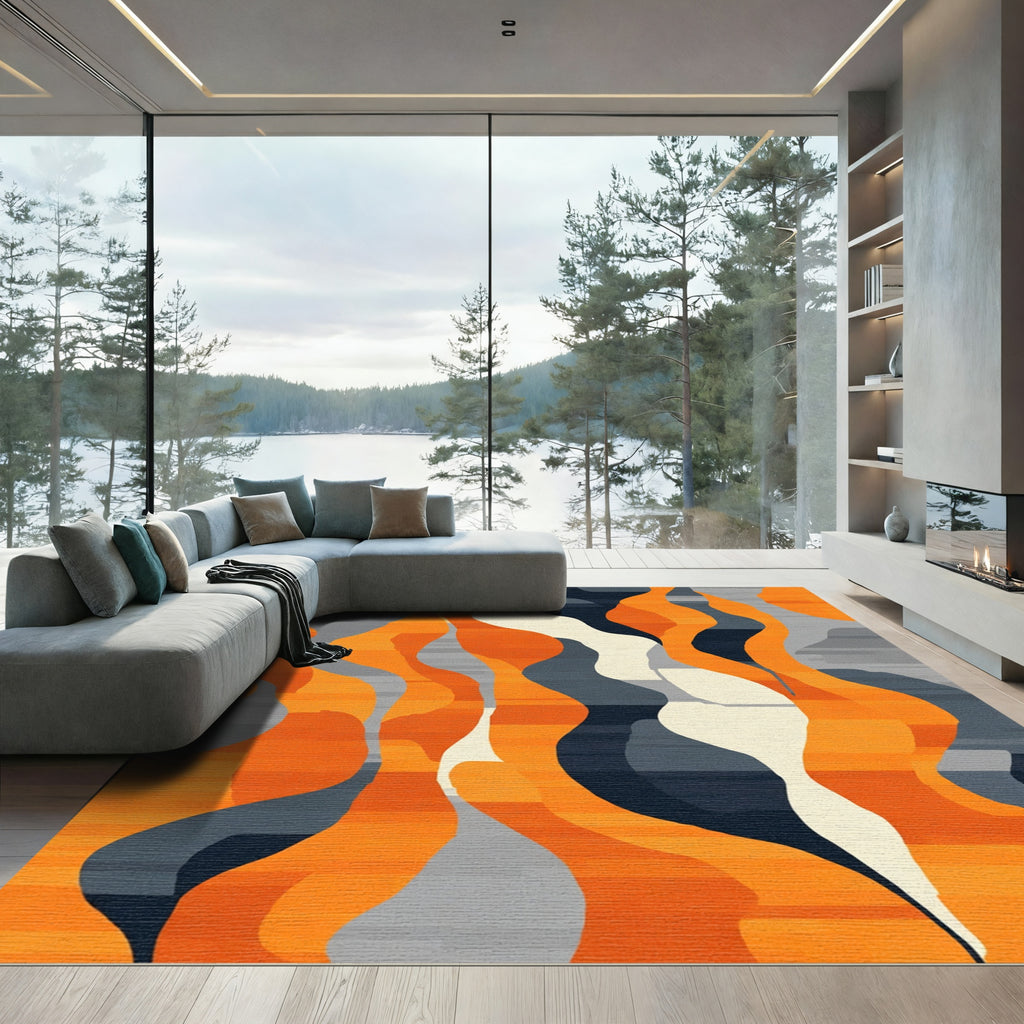 Modern Orange Wave Abstract Flow Rug