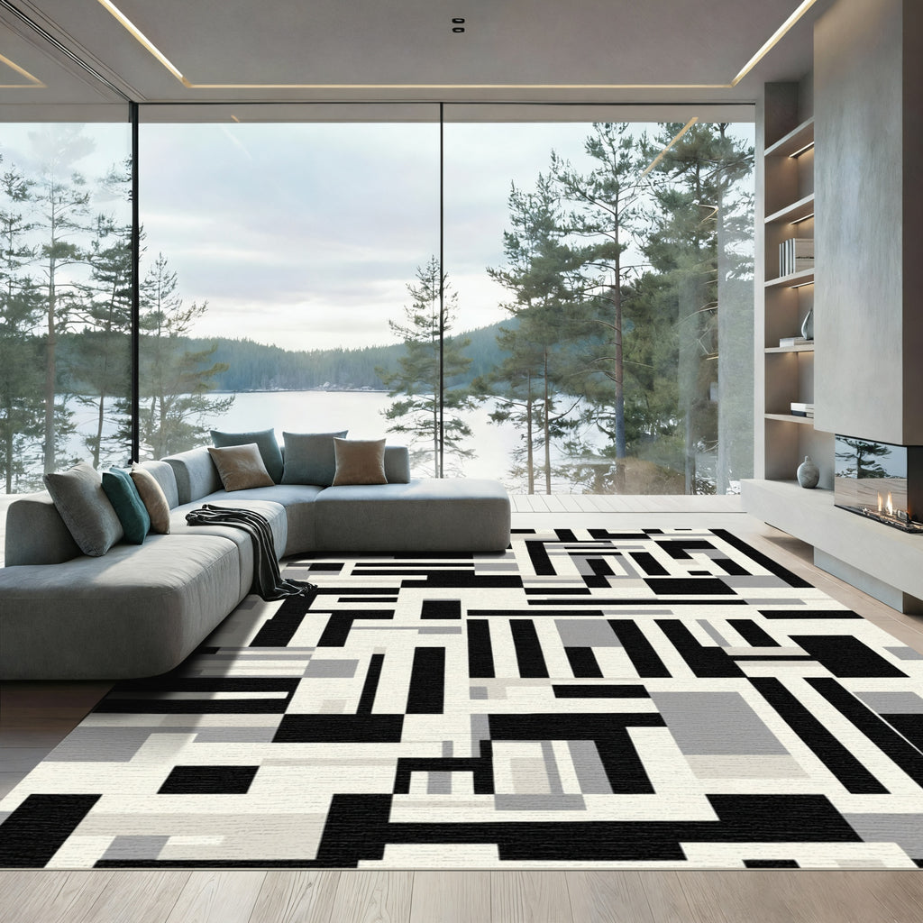 Modern Black Gray Geometric Blocks Rug