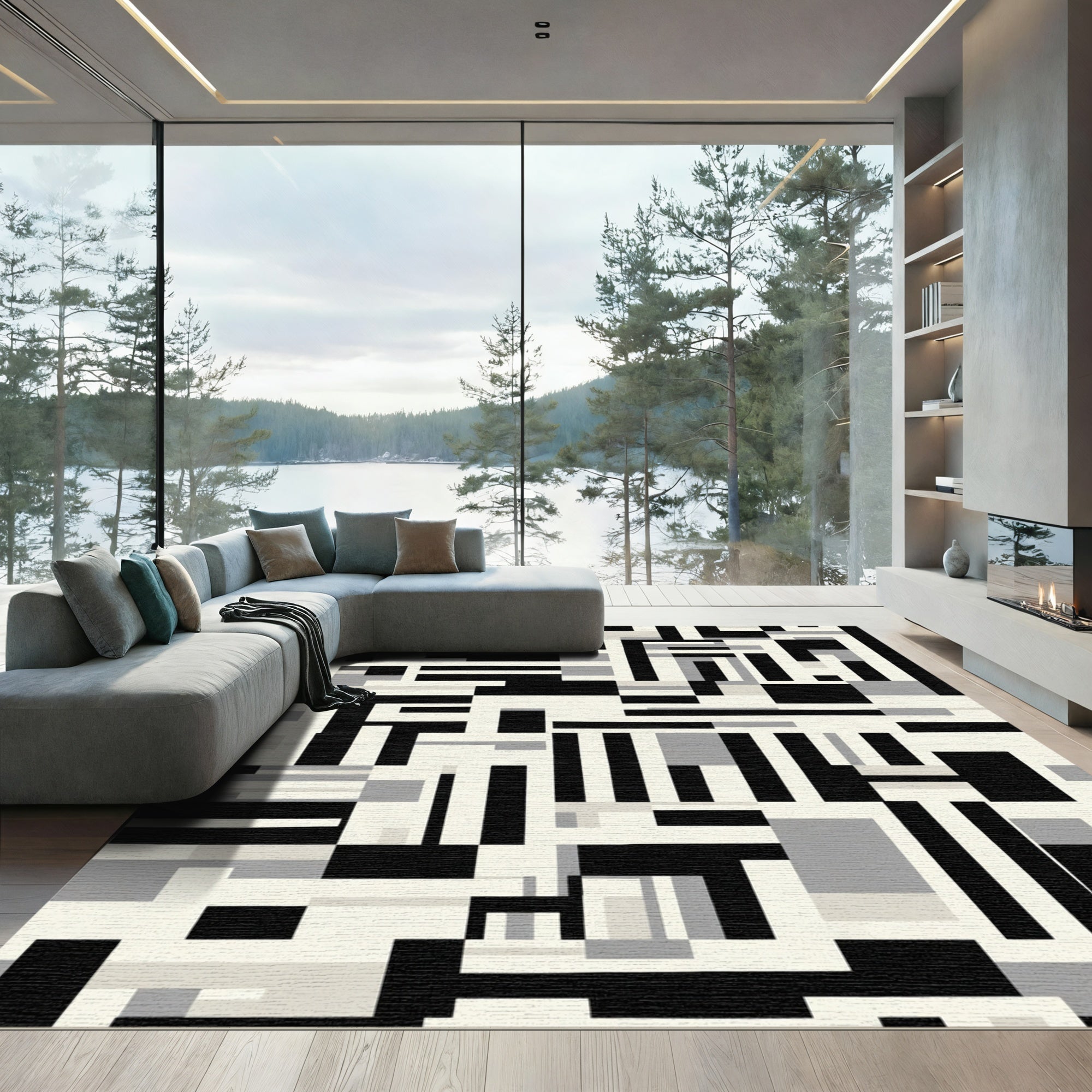 Modern Black Gray Geometric Blocks Rug