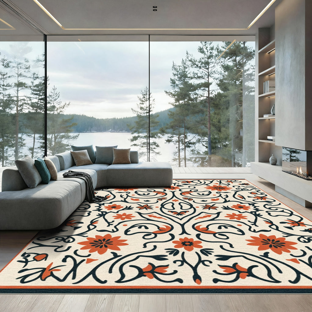 Cream Coral Floral Scroll Butterfly Accents Rug