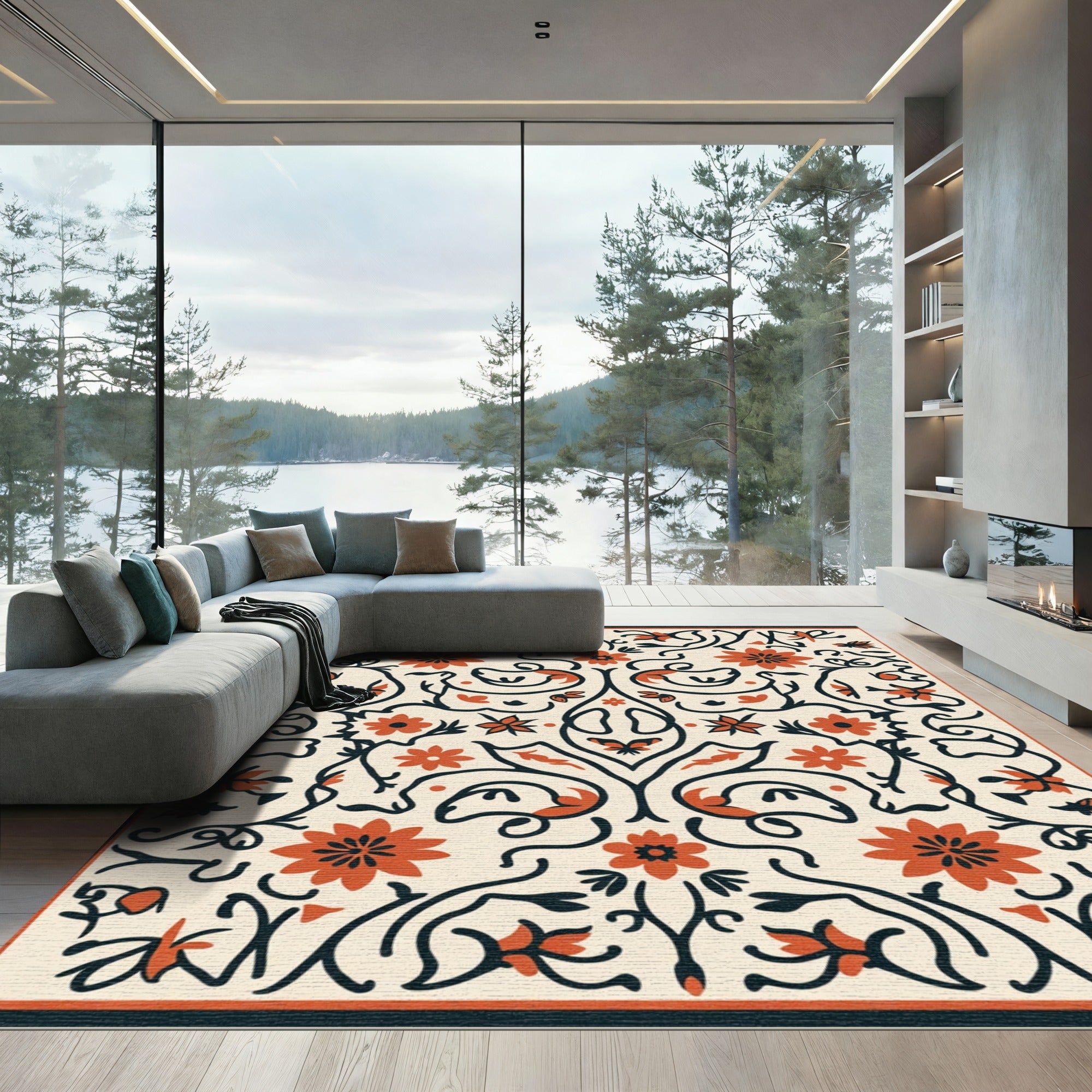 Cream Coral Floral Scroll Butterfly Accents Rug