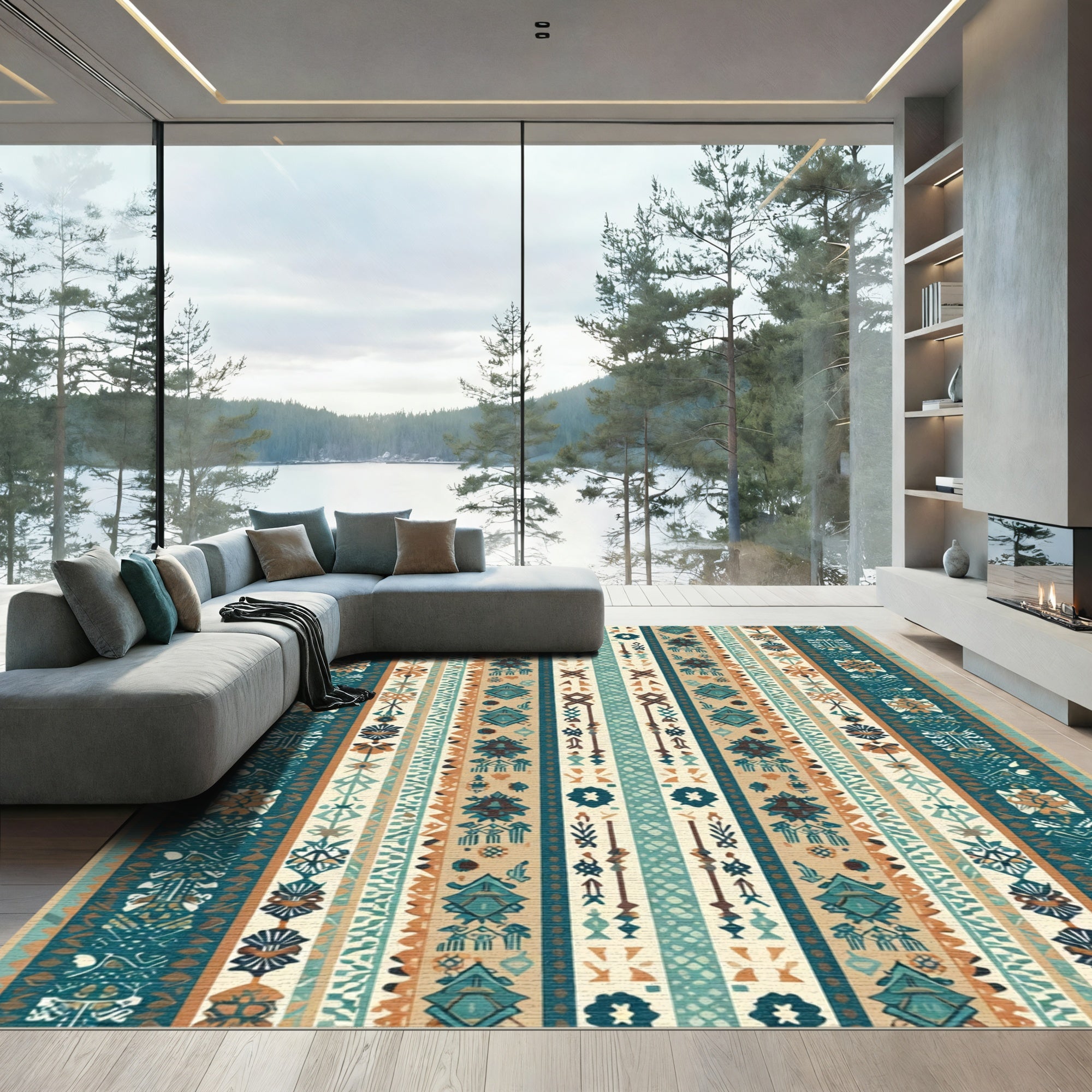 Coastal Turquoise Tribal Striped Loom Rug
