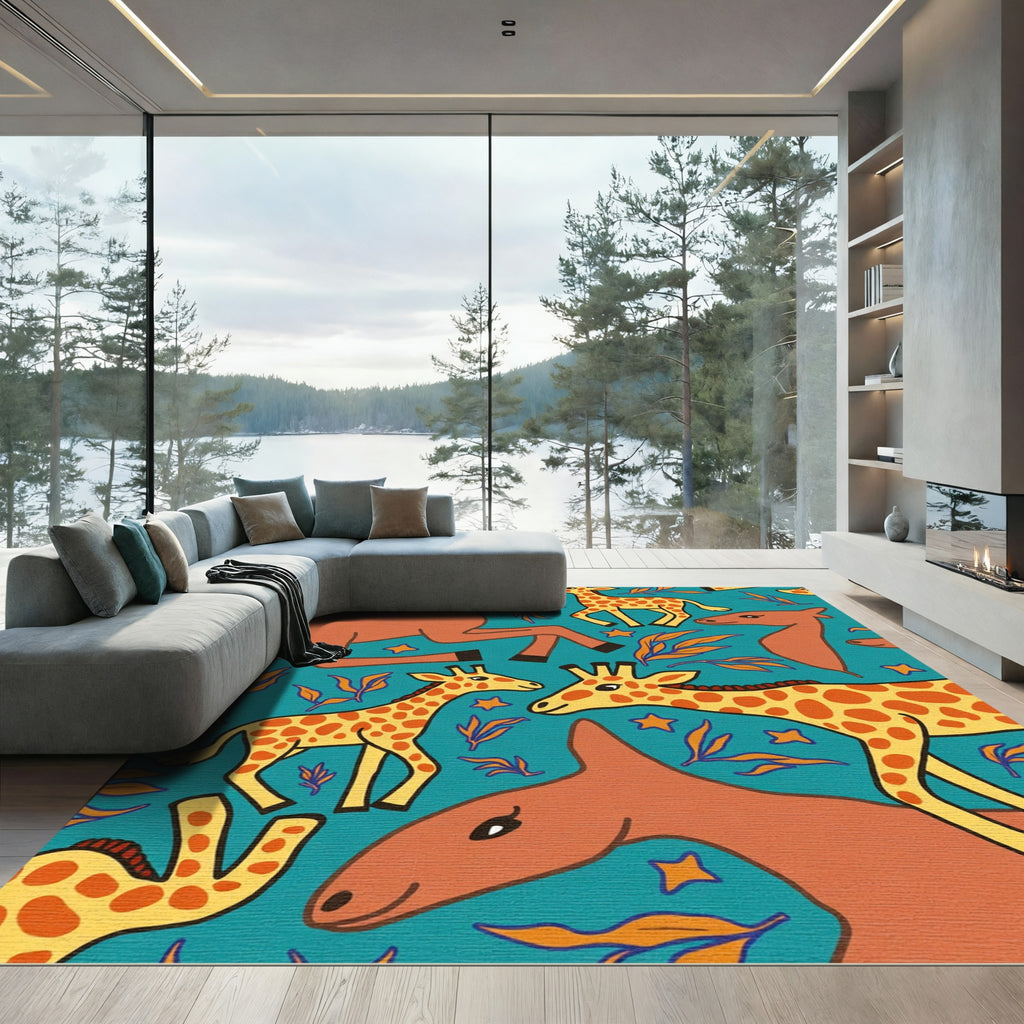 Whimsical Giraffe Starry Teal Meadow Rug