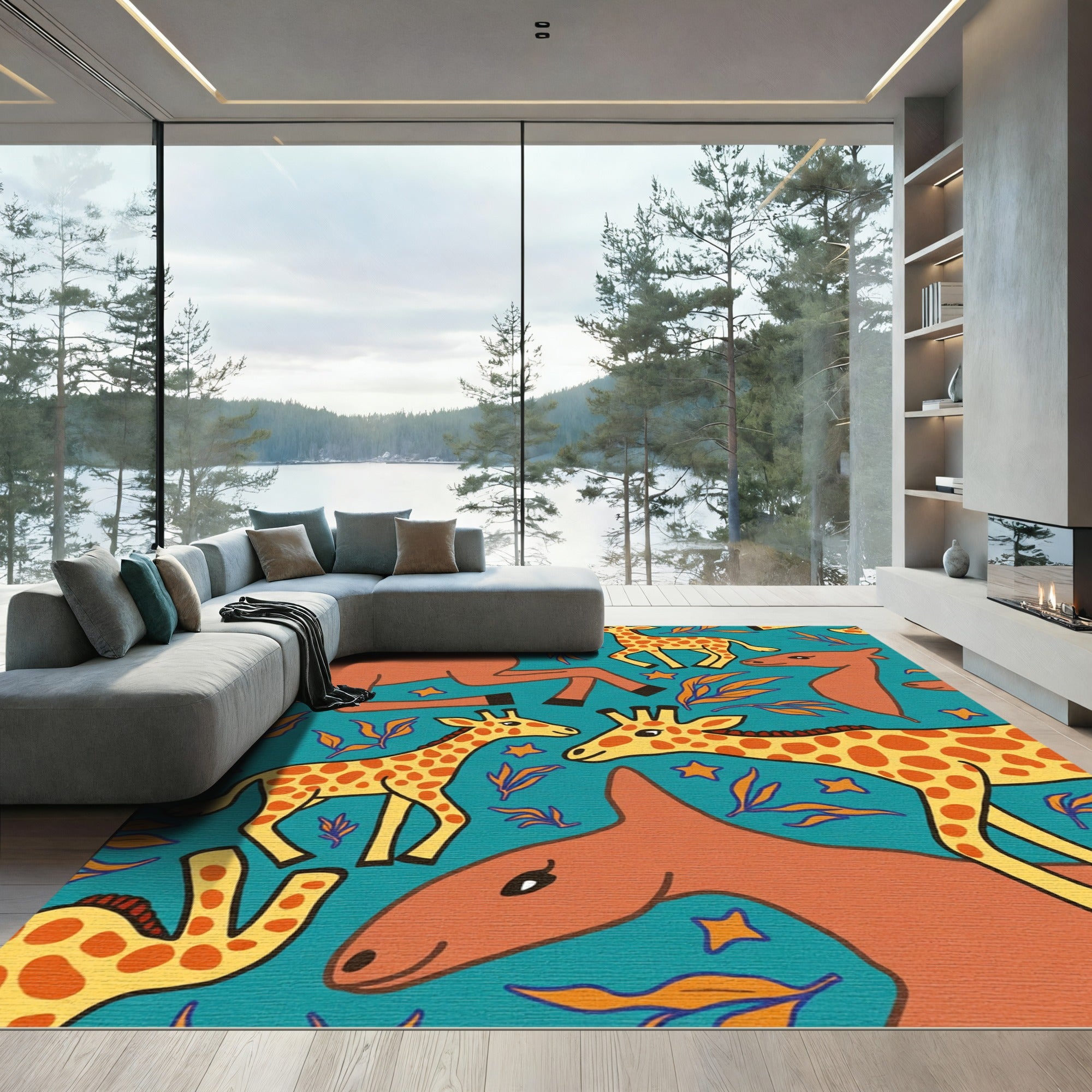 Whimsical Giraffe Starry Teal Meadow Rug