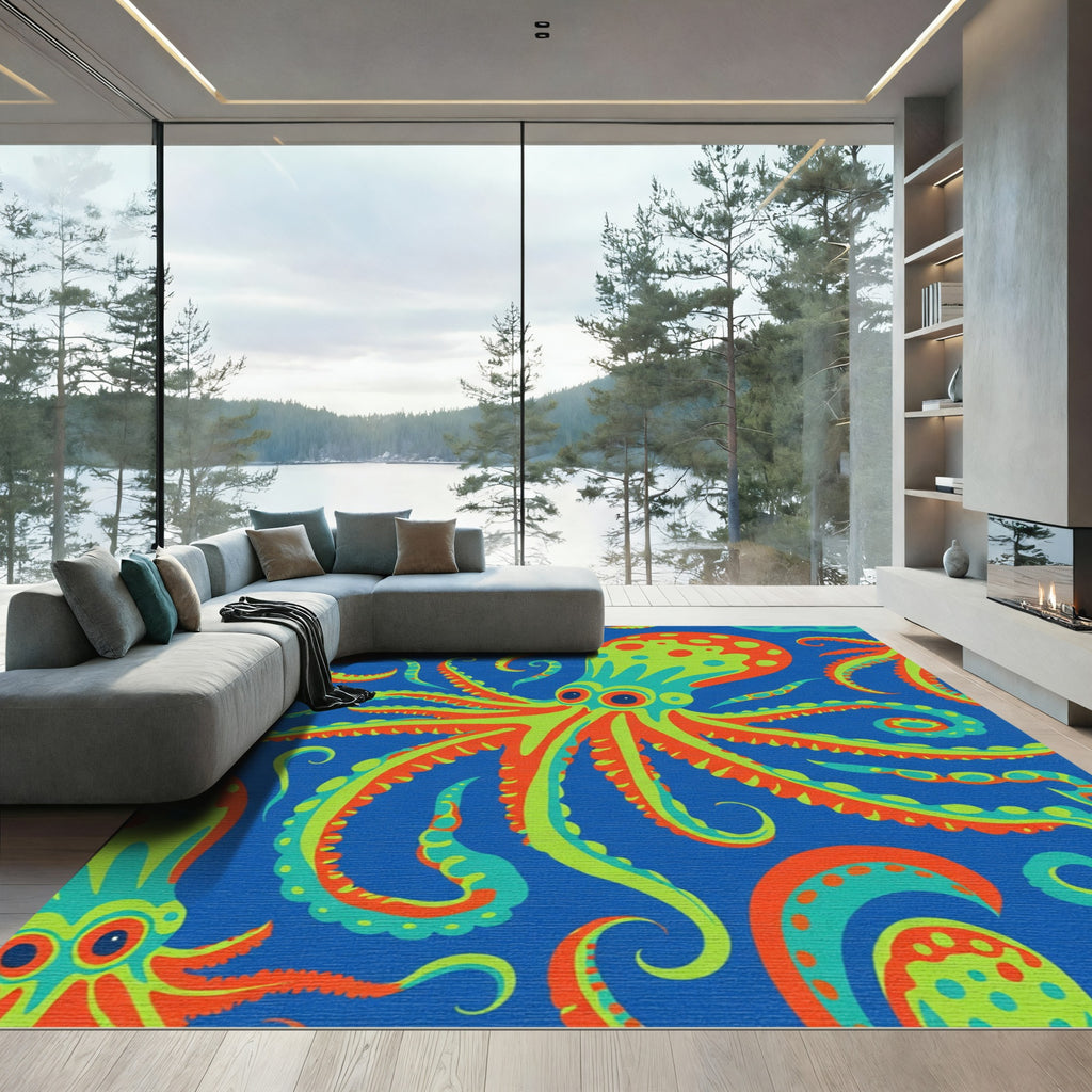 Vibrant Red Green Octopus Swirls Rug