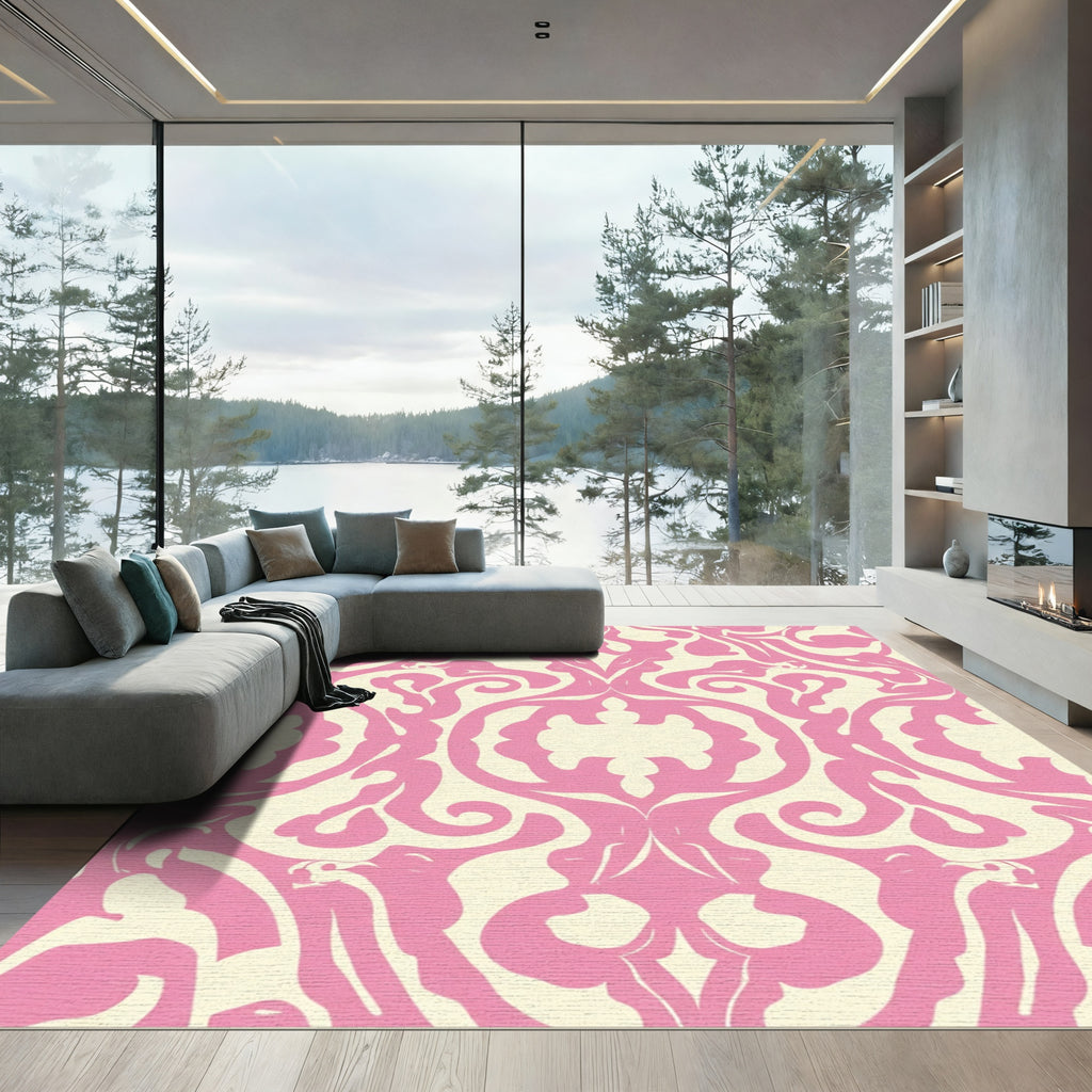 Pink Cream Symmetry Damask Rug
