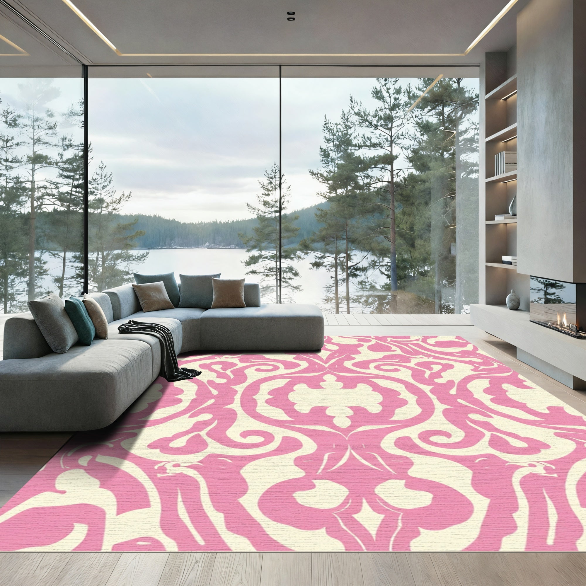 Pink Cream Symmetry Damask Rug