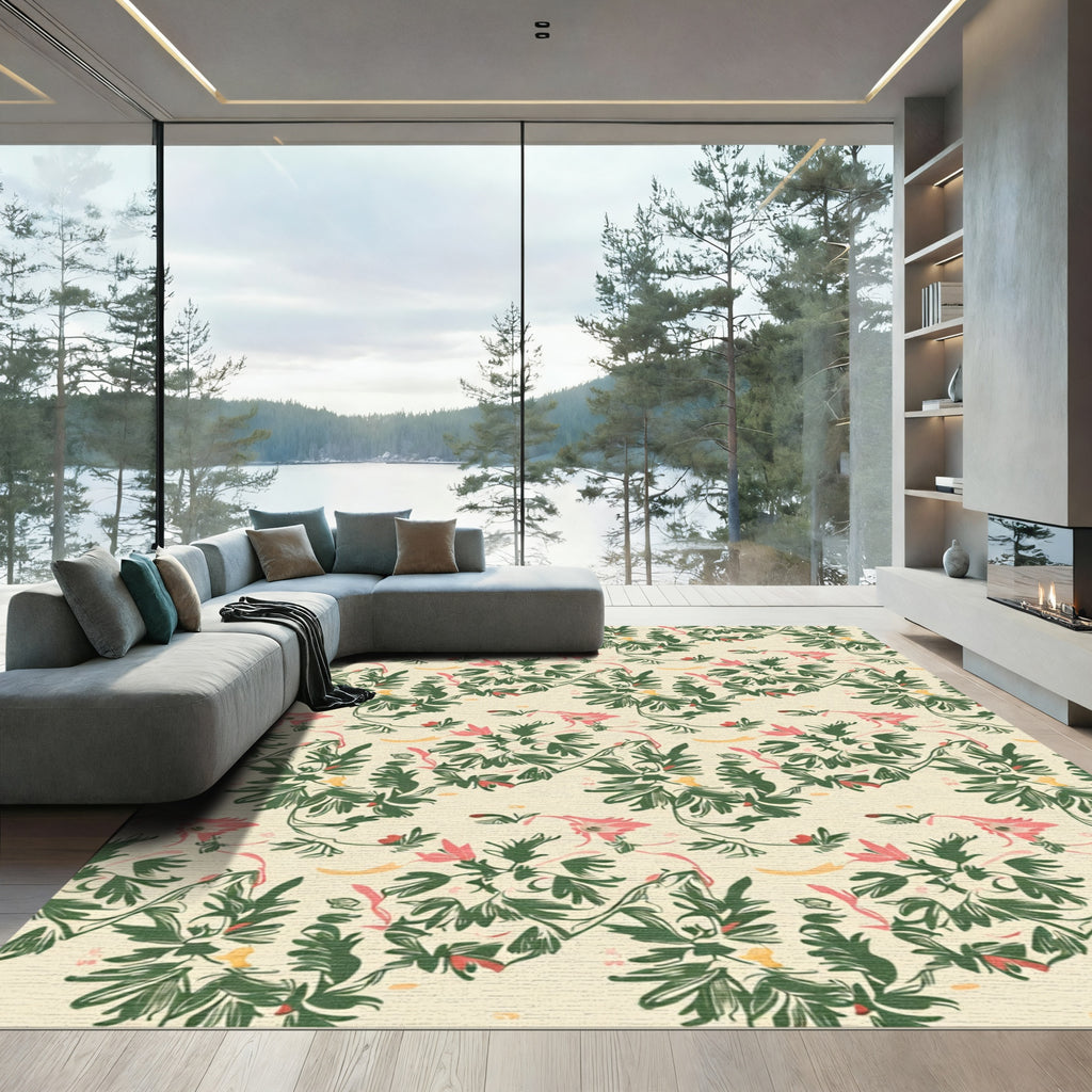 Cream Floral Vine In Green Rug