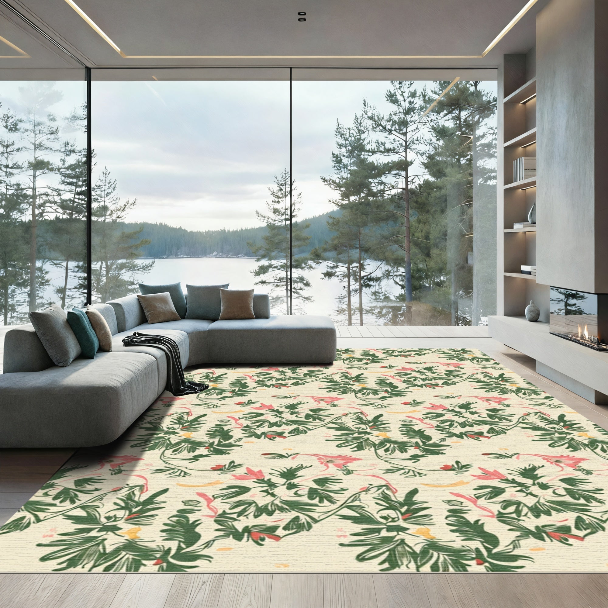 Cream Floral Vine In Green Rug