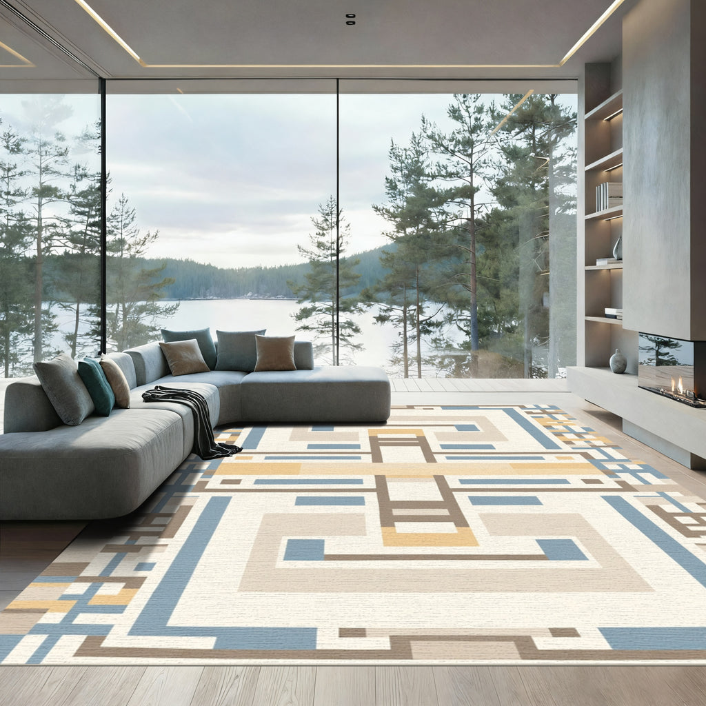Subtle Blue Beige Geometric Maze Rug