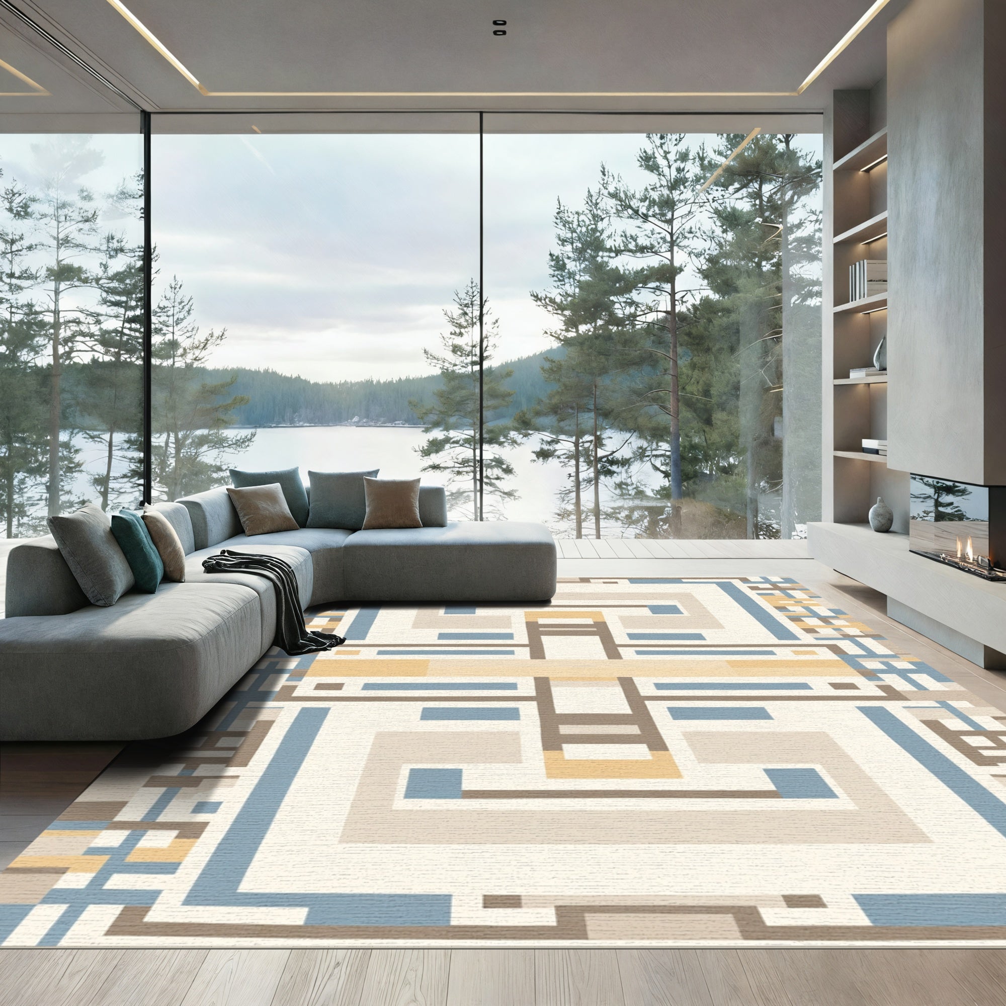 Subtle Blue Beige Geometric Maze Rug