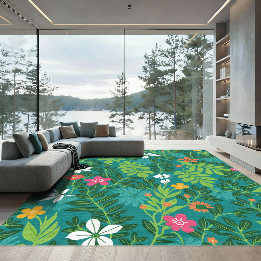 Vibrant Teal Tropical Floral Garden Rug