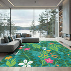 Vibrant Teal Tropical Floral Garden Rug