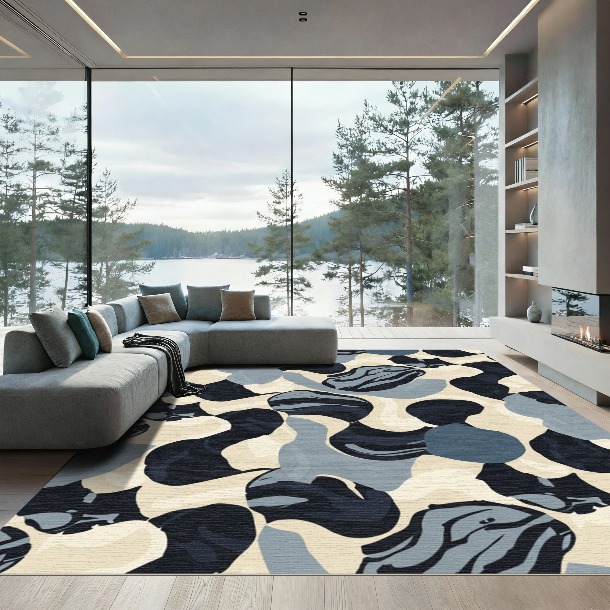 Abstract Navy Blue Camouflage Blobs Rug